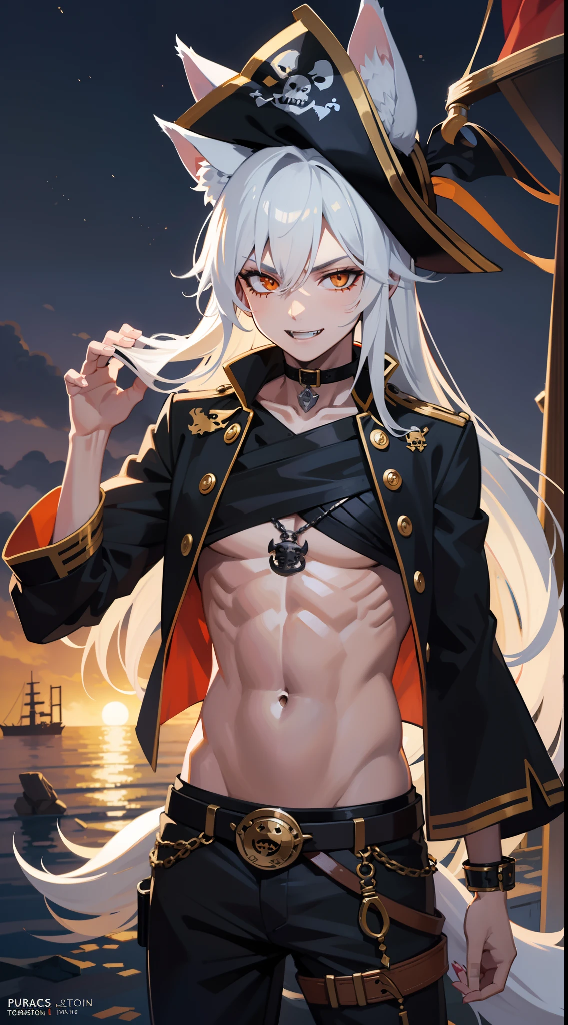 Young man, Long silver hair, Orange Eyes, wolf ears, wolf tail, ssmile, fangs, open torso, Tatoo, Pirate Hat, pirate pants, anchor, 4k, HD, Good detail