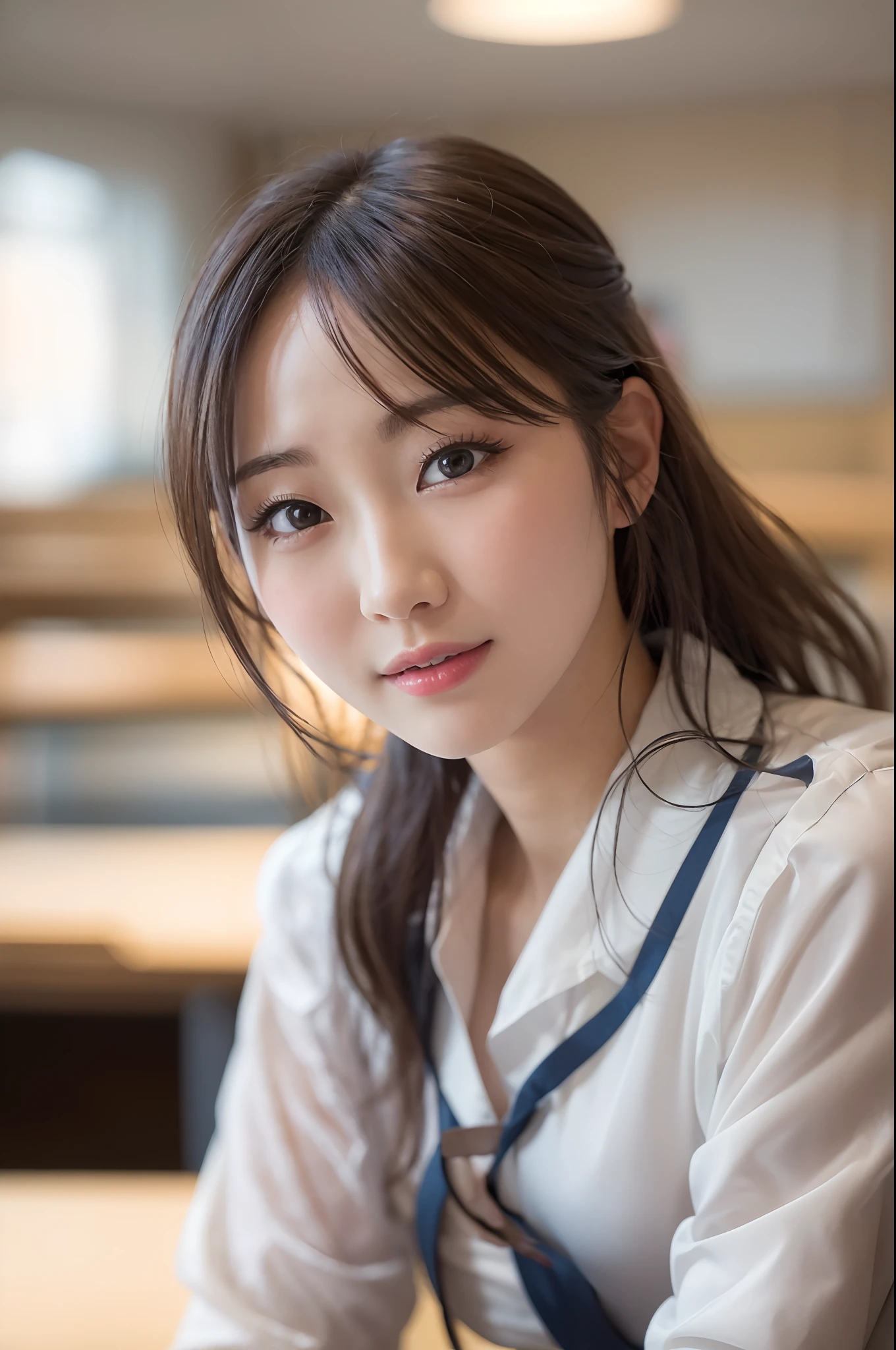 ((photorealistic)), (realistic), 4d, best quality, masterpiece, ultra high definition, ray tracing, (one japanese female, sagging breasts, cleavage, high-definition cute face, face forward, middy uniform, white shirt), professional lighting, high-definition fingers, high-definition eyes, high-definition teeth, angle from the side, classroom, photographed by Canan EOS R6, 135mm, 1/1250s, f/2.8, ISO 400