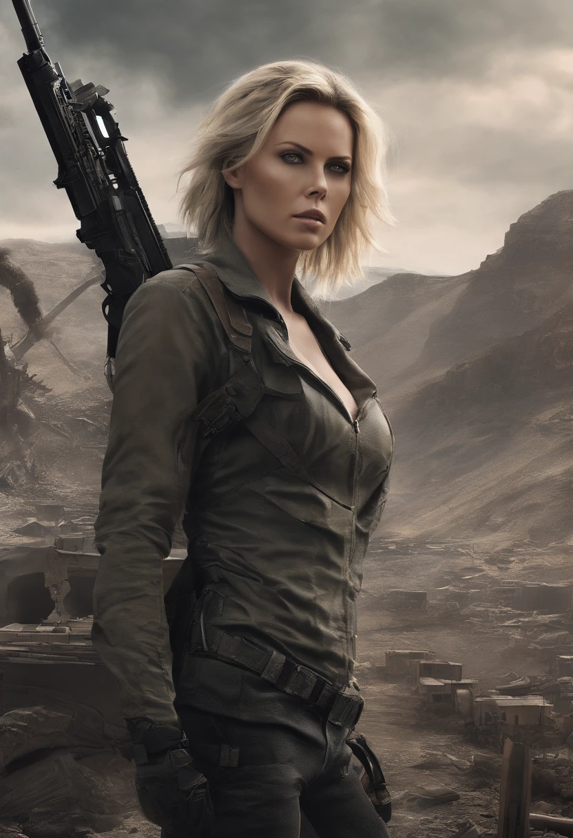 Striking image of an attractive woman (((completely in profile))), with half blonde hair. She is clad in a Full Metal Jacket type military helmet, which adds to her appearance a sense of boldness, mischief and strength ((((shows her bare breasts)))). The background is a dramatic, high-contrast scene, with dark storm clouds hovering overhead. The overall mood of the image is powerful, mysterious and slightly sensual and tense.