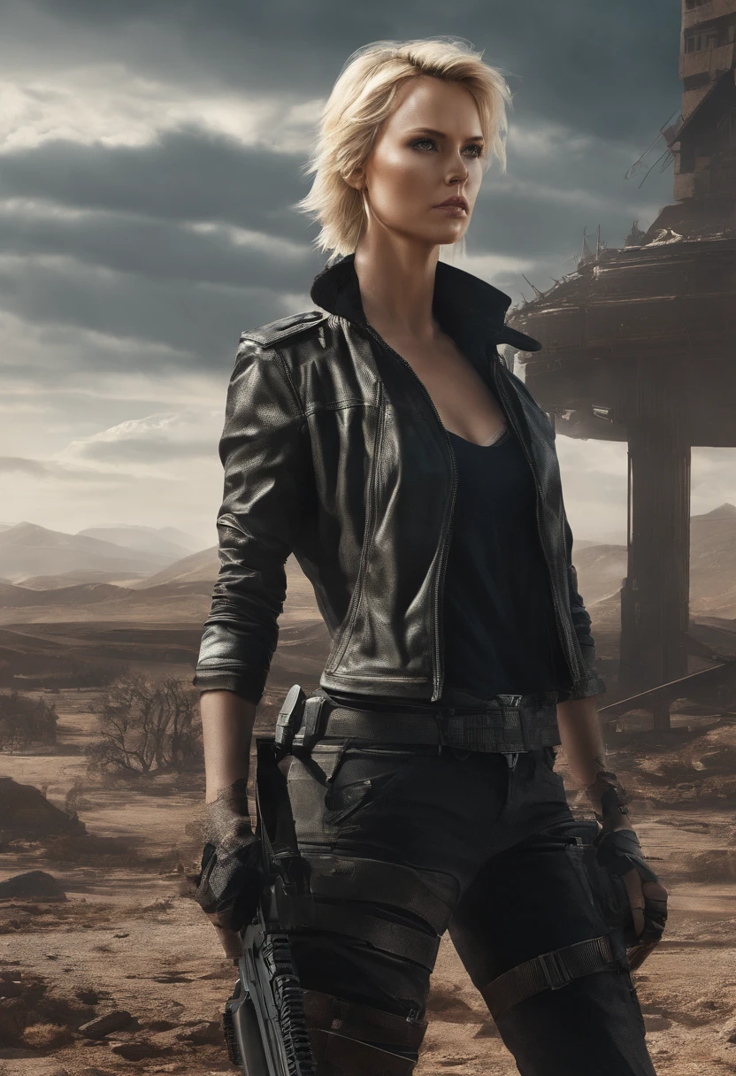 Hyper realistic photo, Charlize theron as an attractive woman [gunslinger:bounty hunter:0.4] standing in a apocalyptic wilderness (glitchwave style:1), Smoke, debris, abstract beauty, near perfection, pure form, intricate detail, ((Best quality, 8k, Masterpiece)), Ultra-detailed face, Detailed eyes, 8k post-production, High resolution, super Detail, trending on ArtStation, sharp focus, studio photos, intricate detail, Very detailed