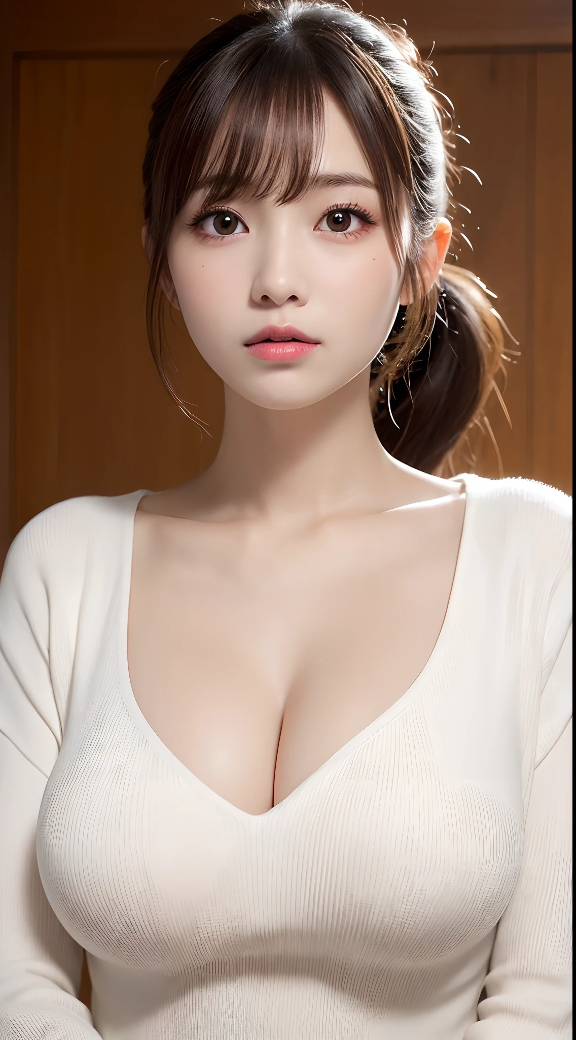 masutepiece, Best Quality, Illustration, Ultra-detailed, delicate detail, Hight Resolution, 8K wallpaper, Perfect dynamic composition, Beautiful detailed eyes, Natural Lip, (Sexy tight knit dress), (((Huge breasts :1.2, and droopy breasts:1.1))), cleavage, Random sexy poses, s whole body, super delicate face, (((Dazzlingly white skin))), moist lips, (ponytail hair), Innocent Big Eyes, Detailed Eyes, ((very detail eyes)), (Japan Women)