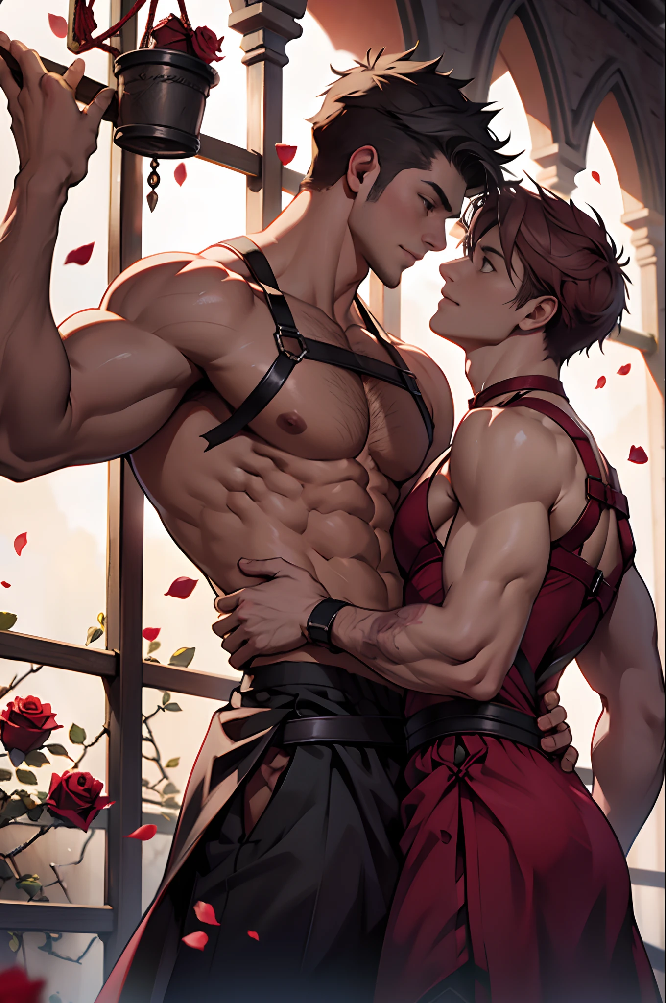 1male people,Muscular,((Rose)),(grape trees),cage,strappy,Red rope,(Detail light),Falling rose petals,