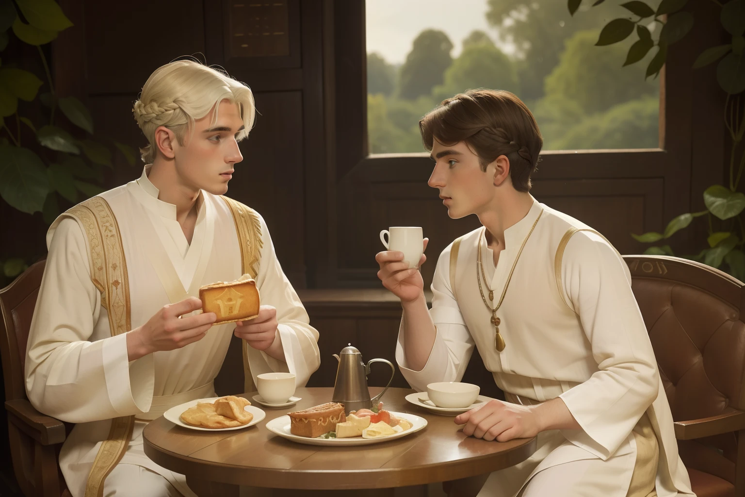 Year: 11th century. Location: Tettenhall, England. Pre-raphaelite scene with a 19-year-old english man, having breakfast with a white haired jew doctor, ((((11th century plain tunic)))) ((11th century hairstyle)), (((cinematic style)))