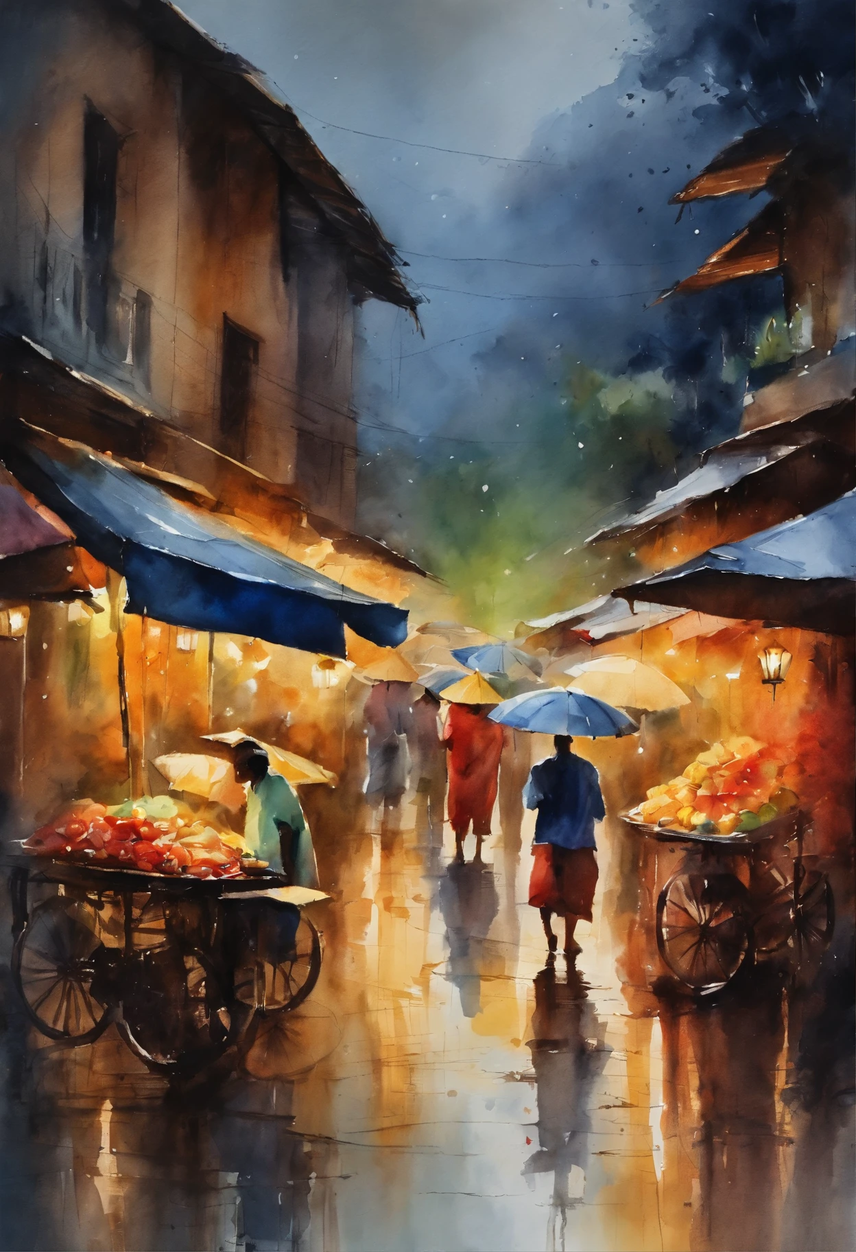 A night market from MYANMAR, RAINING SEASON, color full big umbrellas of night market, people are selling and buying, masterpiece water color art