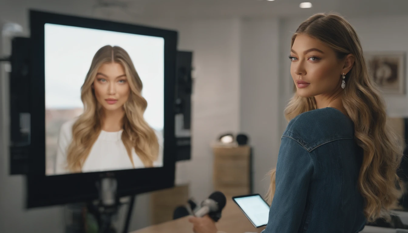 there is a woman standing next to a whiteboard explaining , cute girl as a youtuber, looking at viewer , modern portrait shot 8 k, luts, portrait of Gigi Hadid, Gigi Hadid cute