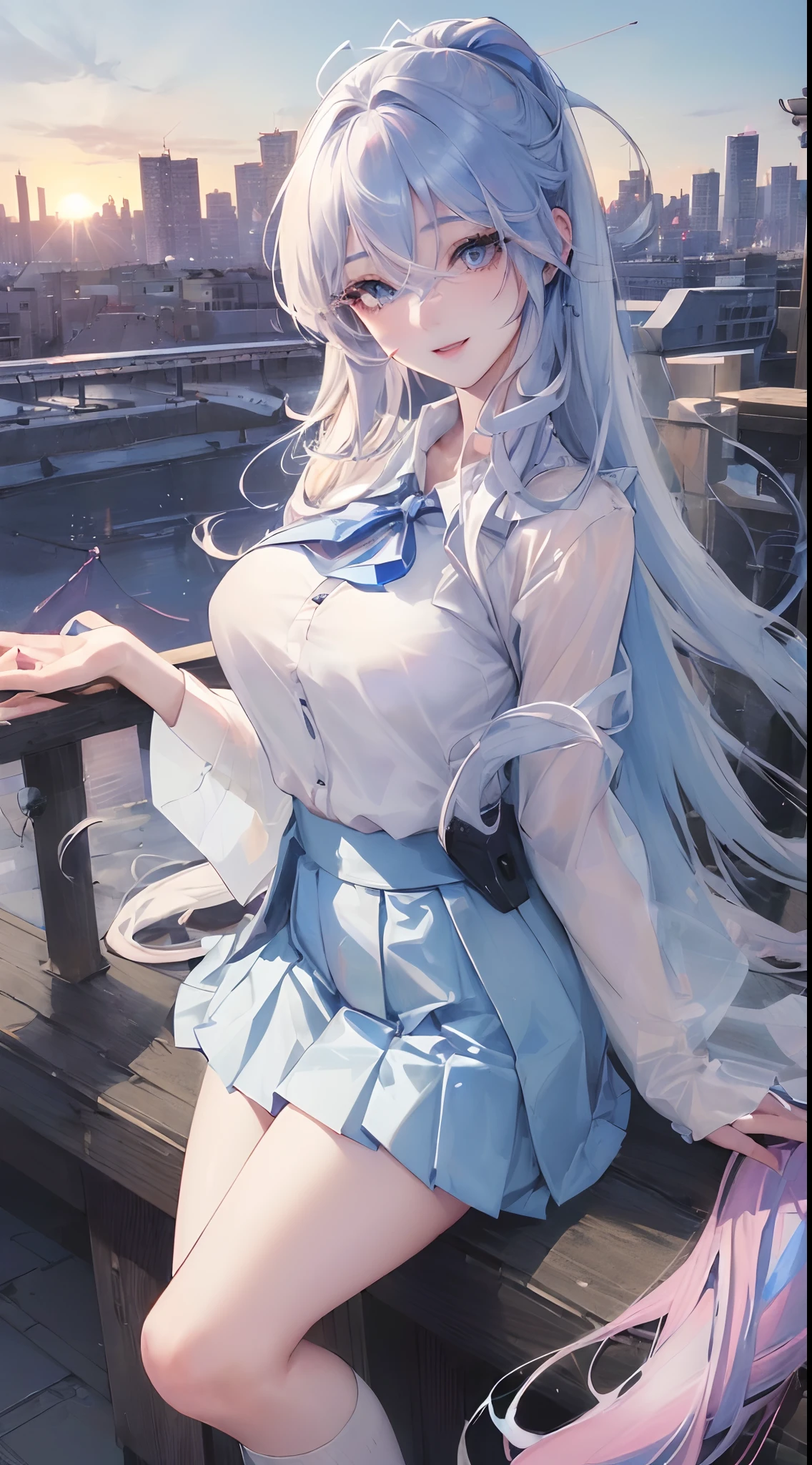 official art, masterpiece, sharp focus, (beautiful gorgeous cute Korean woman:1.3), (beautiful cute korean:1.3), korean beauty, Delicate and beautiful hair and eyes and face, realistic, ultra detailed, beautiful girl, blue sky, glow white particle, (sidelighting:1.2), sun light, white cloud, detailed clouds, slender, Lovely very large breasts and very large hips, smile with teeth, ((smile with eyes, open both eyes)), scenery, long straight hair, sexy facial expression, building, (cityscape:1.7), dynamic hair, long straight hair, detailed platinum pink hair, glow blue eyes, (blue pleated shirts + white skirt), white long socks, pale skin, hair ornament, epic scenery,
