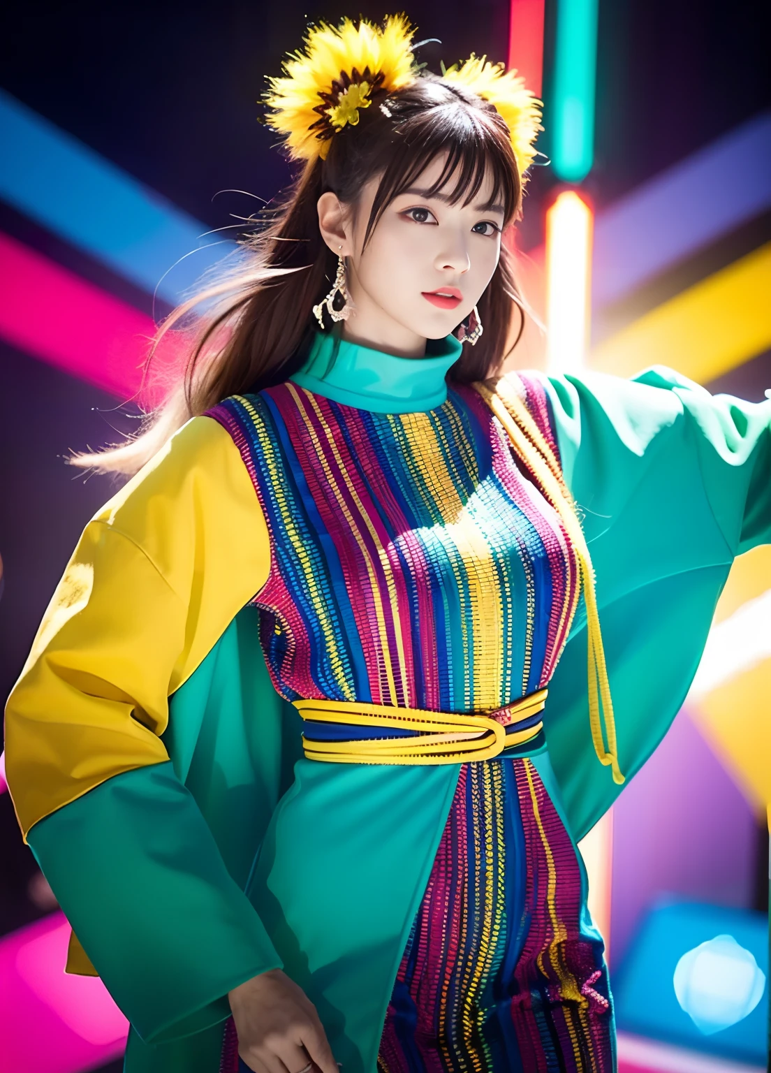 Generate high-quality female images, Colorful and refreshing atmosphere。She wears a novel fashion style.、They wear costumes of different colors and bright patterns.。The background is an inorganic intersection of a large city。Her pose is extraordinary.、It gives a sense of dynamic movement and expressiveness.。Light and shadow effects are skillfully expressed、Costume details and faces、The expression is colorful and vividly artistic.。The overall atmosphere is refreshing, yet、Unique avant-garde elements stand out。This image is vividly projected in colorful tones.、Evokes visual stimuli and aesthetic sensations、Excite your audience、You will be surprised.。While pursuing an avant-garde style、Colorful palette creates an exhilarating atmosphere.。