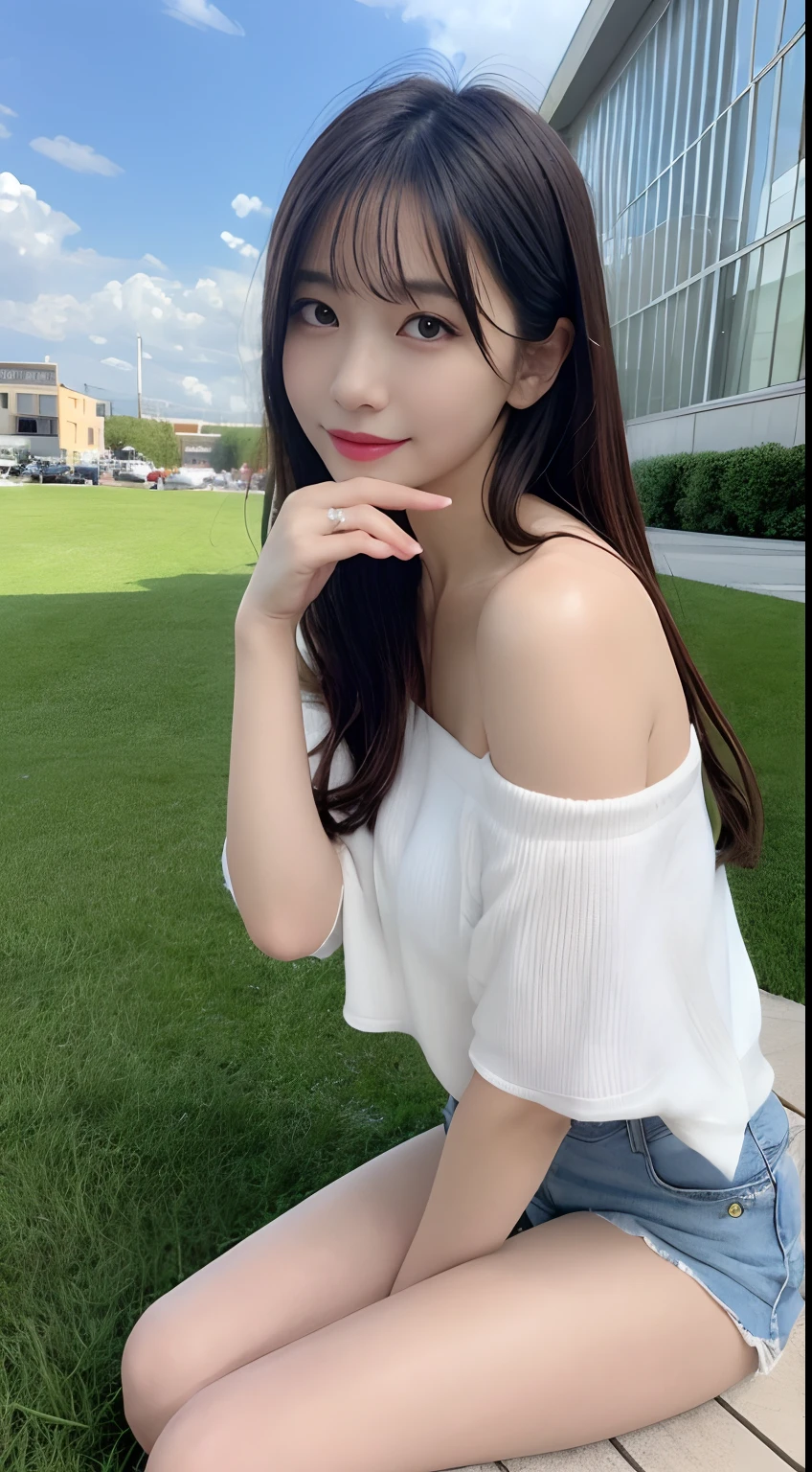 masutepiece, Best quality, illustration, Ultra-detailed, finedetail, A high resolution, 8K wallpaper, Perfect dynamic composition, Beautiful detailed eyes, Off-the-shoulder tops and shorts,with long coiled hair,Milk Natural color lips, Random and sexy pose,Smile,buliding,schools,with blue sky and white clouds ,Sit on the lawn,20 years girl