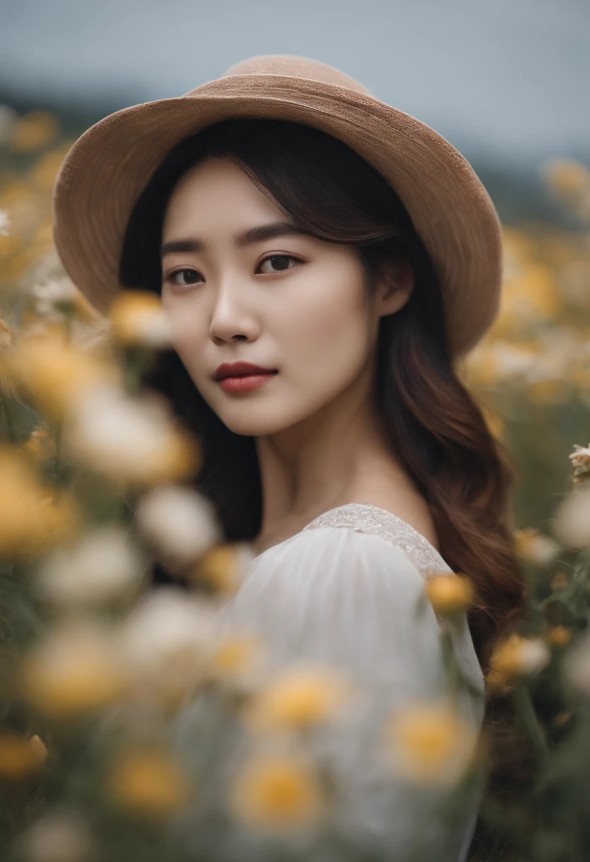 a close up of a woman in a field of flowers, beautiful young korean woman, portrait of girl in flower field, beautiful south korean woman, gorgeous young korean woman, standing in flower field, girl standing in a flower field, girl in a flower field, girl standing in flower field, girl frontal in a flower field, standing in a flower field