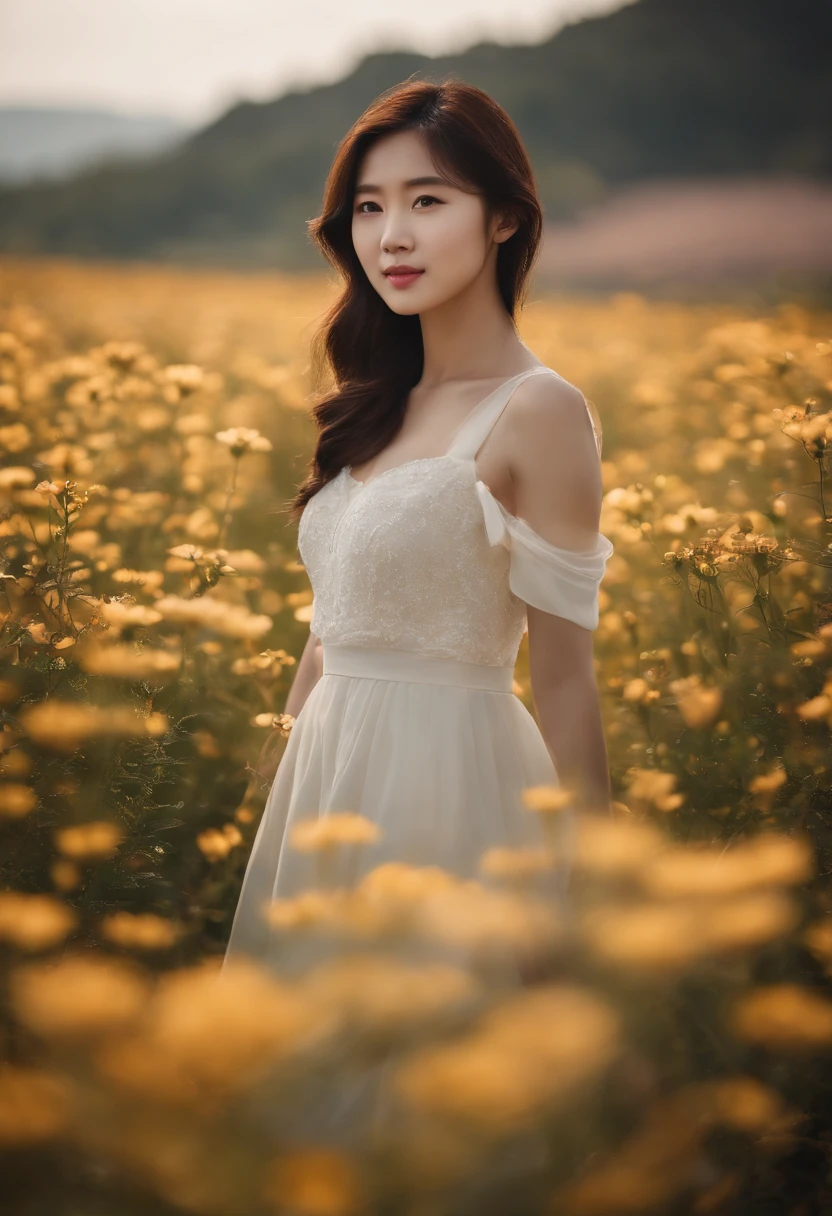 a close up of a woman in a field of flowers, beautiful young korean woman, portrait of girl in flower field, beautiful south korean woman, gorgeous young korean woman, standing in flower field, girl standing in a flower field, girl in a flower field, girl standing in flower field, girl frontal in a flower field, standing in a flower field