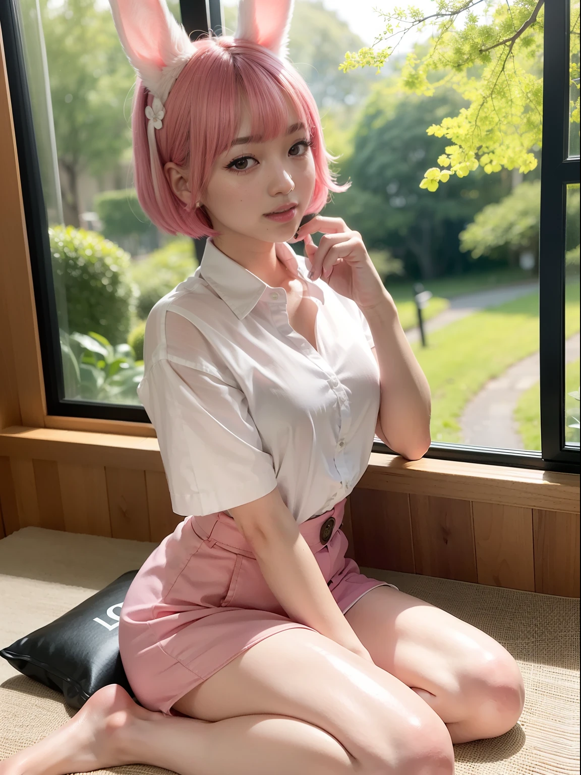 Pink shortcuts、cleavage of the breast、a park、Sit on a park bench、Wearing glasses、put on glasses、(8K, top-quality, masterpiece:1.2), (realisitic, Photorealsitic:1.37), ultra-detailliert, 1 girl in, full body Esbian, Hotel Rooms, (Adjusted hair:1.5) Officelady, Black Office Blazer, black office skirt,white shirt, (panthyhose: 1.2)、(Short button-down shirt:1.2)、Button Up Color Prim、Button Down Color Prim、bura、(panthyhose:1.2)、Alpha Layer、high-heels、cute little、独奏、Beautiful detailed sky、(A smile:1.15)、(Mouth closed)、tiny chest、Eyes in Beautiful Details、Business attire、(short-hair:1.2)、Floating Hair NovaFrogStyle、Hotel Bed、masuter piece、Pink Shortcut Bob、Realistic rabbit ears、Pink realistic rabbit ears、Realistic ears of rabbits sticking out of the head、Pink hair、Beautiful girl in her 20s、Bewitching atmosphere、Beautiful shaped hands、K-POP、Pink rabbit ears、1 girl in、独奏、masterpiece、top-quality、realisitic、Hyper-detailing、absurderes、short pink hair、Slender beauties、动态照明、hight resolution、foco nítido、depth of fields、(thick thight:1.0)、A slender :1.2,((Short-cut bob hair))、((k pop:1.3)),Highly detailed facial and skin texture、((魅惑的)),Anatomically correct number of fingers,Correct anatomy