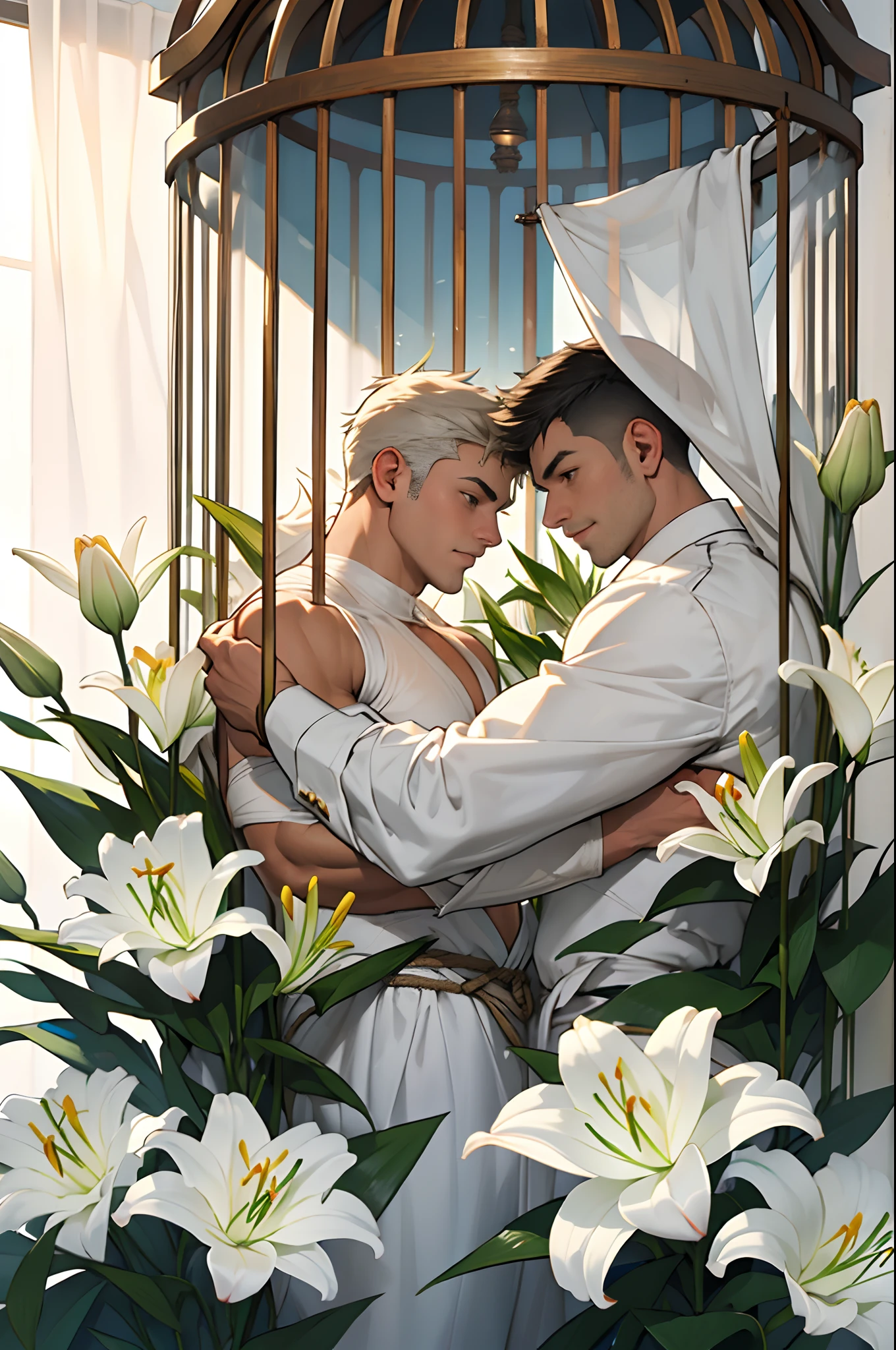 1male people,Muscular,((the lilies)),cage,strappy,White rope,White cloth curtains,(Detail light),Falling white petals