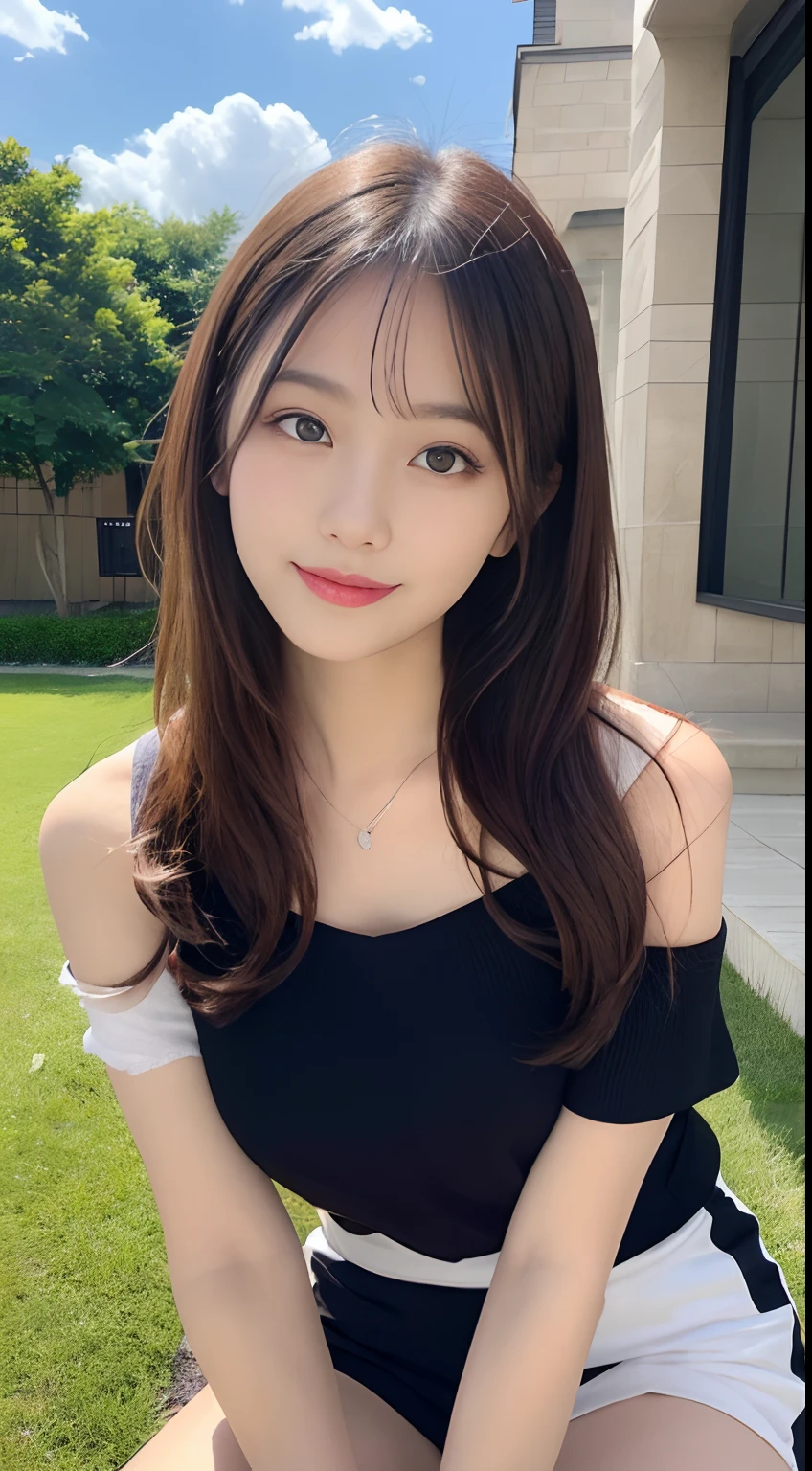hight resolution, top-quality, Perfect dynamic composition, Beautiful detailed eyes, off shoulders、Radiant hair、Medium Hair, Natural Color Lip, college aged、Harajuku、A slight smil、Crouched figure、M-shaped legs
