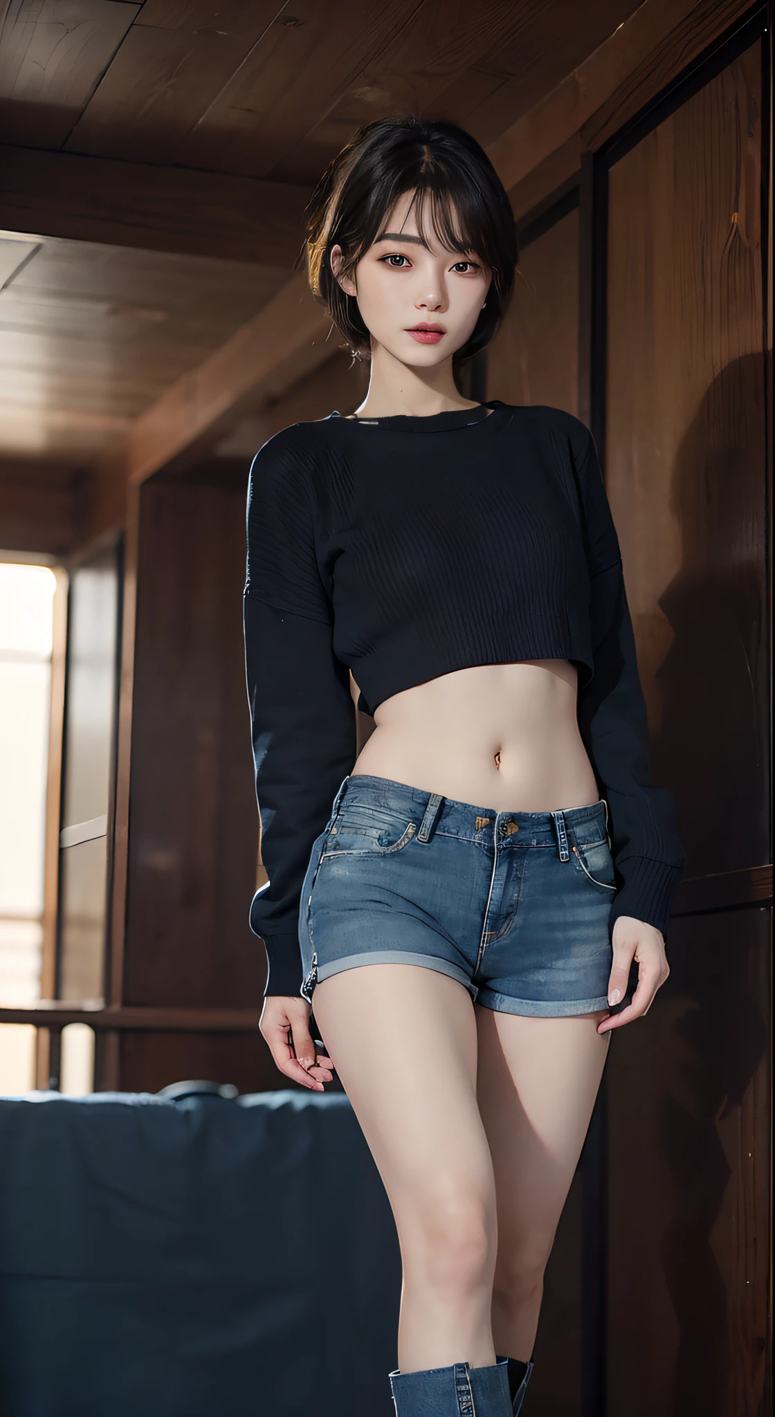 (masuter piece:1.3)、(8K、Photorealsitic、Raw photography、top-quality: 1.4)、(1girl in)、beautiful expression、(Lifelike face)、(A dark-haired、short-hair)、 Beautiful hairstyle、realisticeyes、Beautiful details、(real looking skin)、Beautiful skins、absurderes、enticing、超A high resolution、A hyper-realistic、high-detail、the golden ratio、