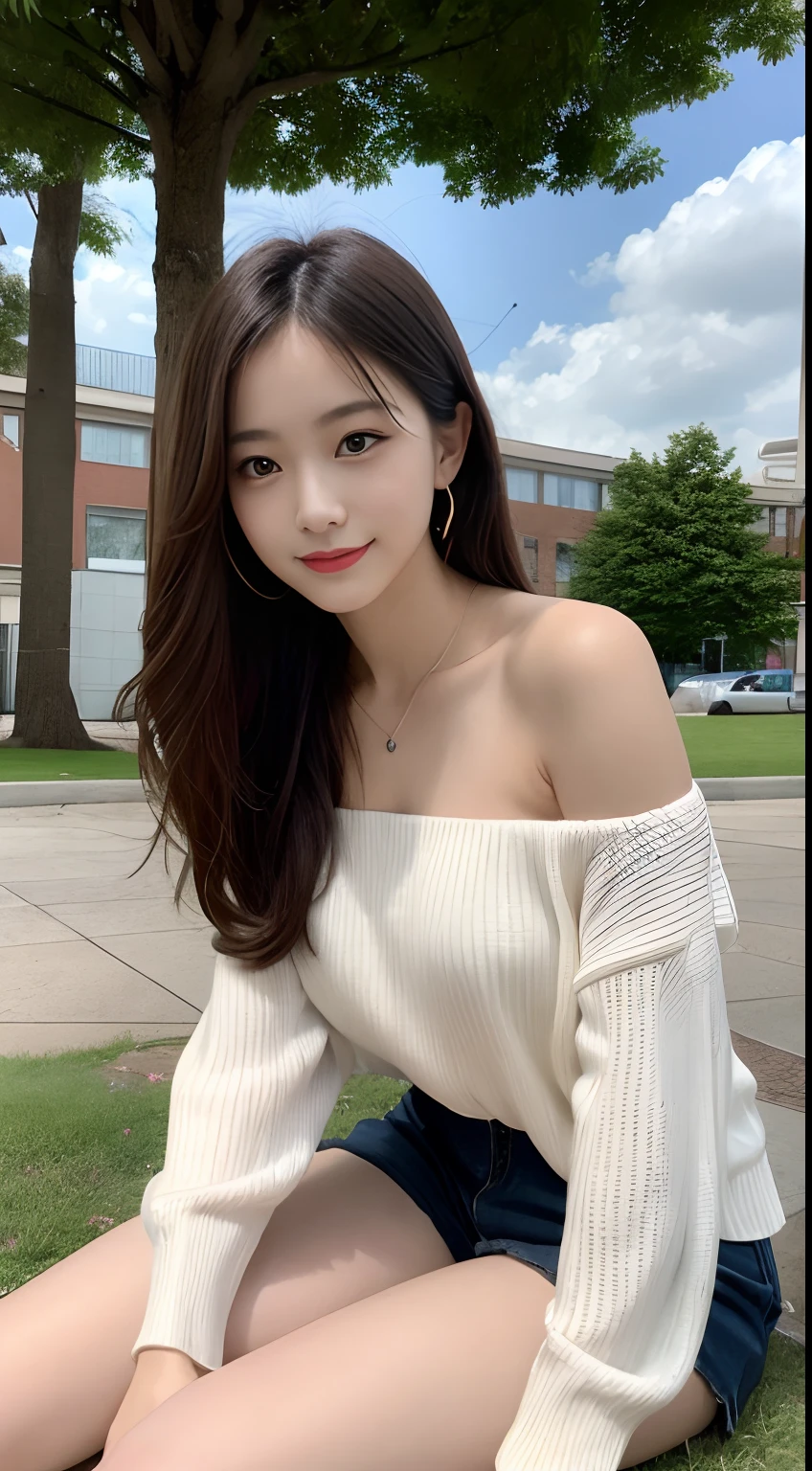 masutepiece, Best quality, illustration, Ultra-detailed, finedetail, A high resolution, 8K wallpaper, Perfect dynamic composition, Beautiful detailed eyes, Off-the-shoulder tops and shorts,with long coiled hair,Milk Natural color lips, Random and sexy pose,Smile,buliding,schools,with blue sky and white clouds ,Sit on the lawn,20 years girl