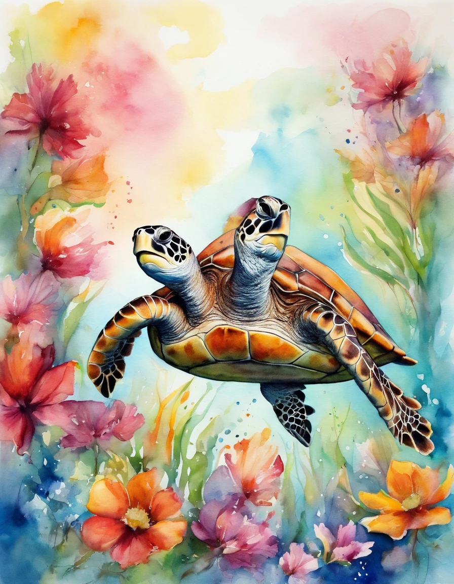 sea turtle, air buble, flowers, vivid color, color splash, chibi, cute