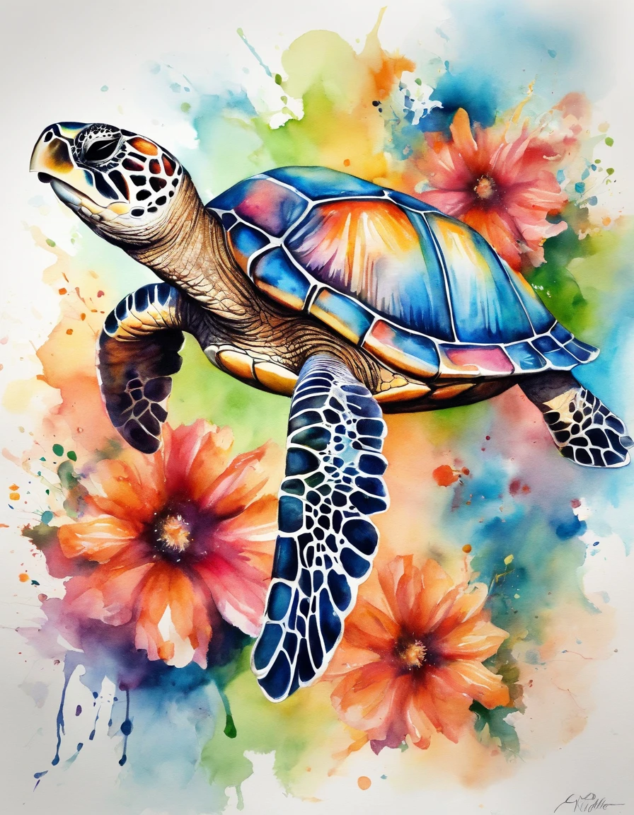 sea turtle, air buble, flowers, vivid color, color splash, chibi, cute