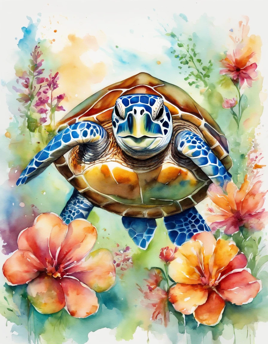 sea turtle, air buble, flowers, vivid color, color splash, chibi, cute