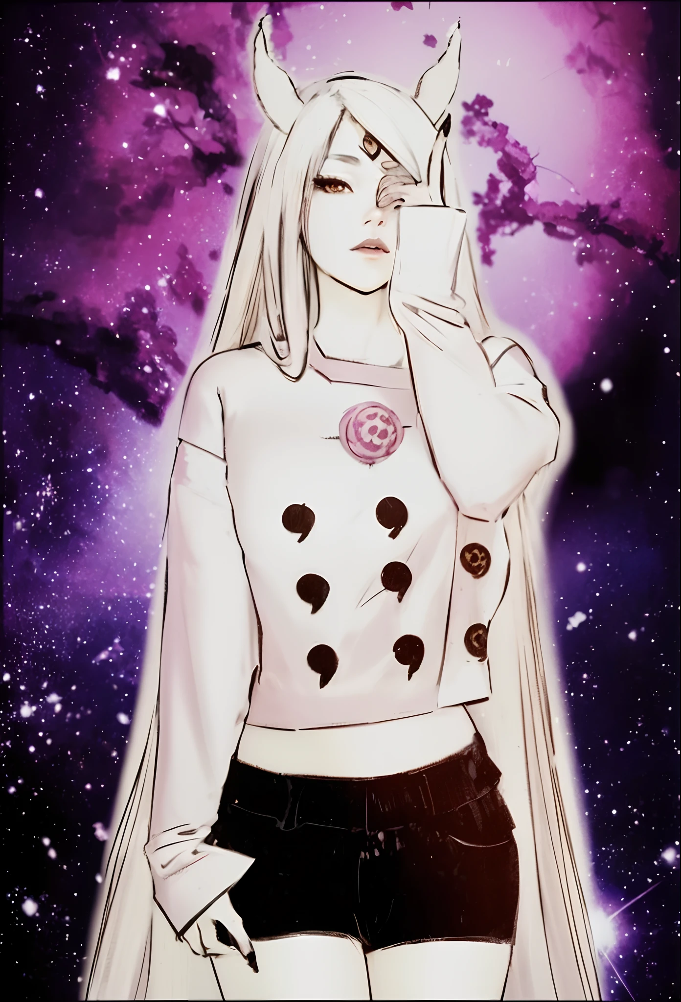 masterpiece,best quality,highly detailed,ultra-detailed,an extremely delicate and beautiful,masterpiece,1girl, solo,kaguya,mature female, long hair, third eye,horns,white short eyebrows, otsutsuki kimono, looking at viewer, on bed,indoors,wariza, cleavage, off shoulder,