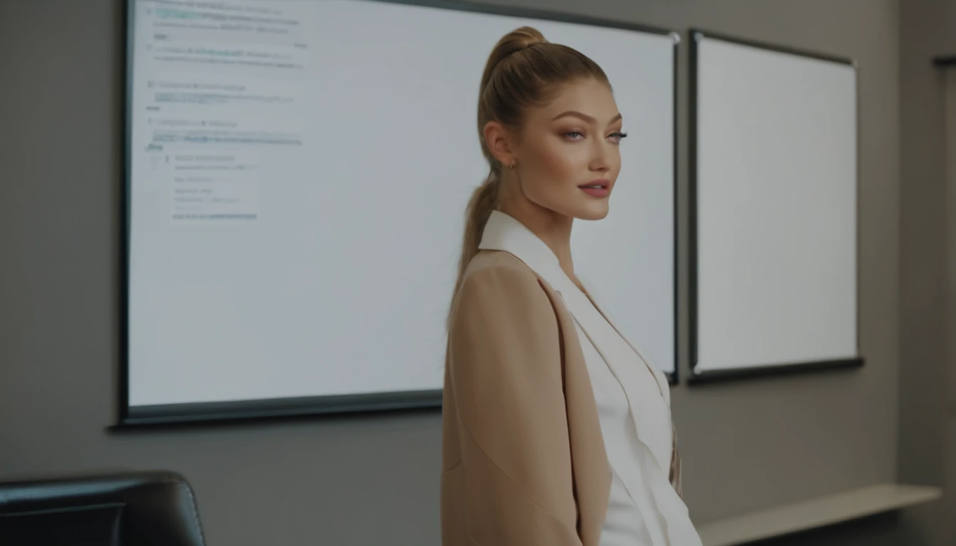 Gigi Hadid standing next to a whiteboard explaining , cute girl as a youtuber, looking at viewer , dressed like a businesswoman, modern portrait shot 8 k, luts, portrait of Gigi Hadid, Gigi Hadid cute