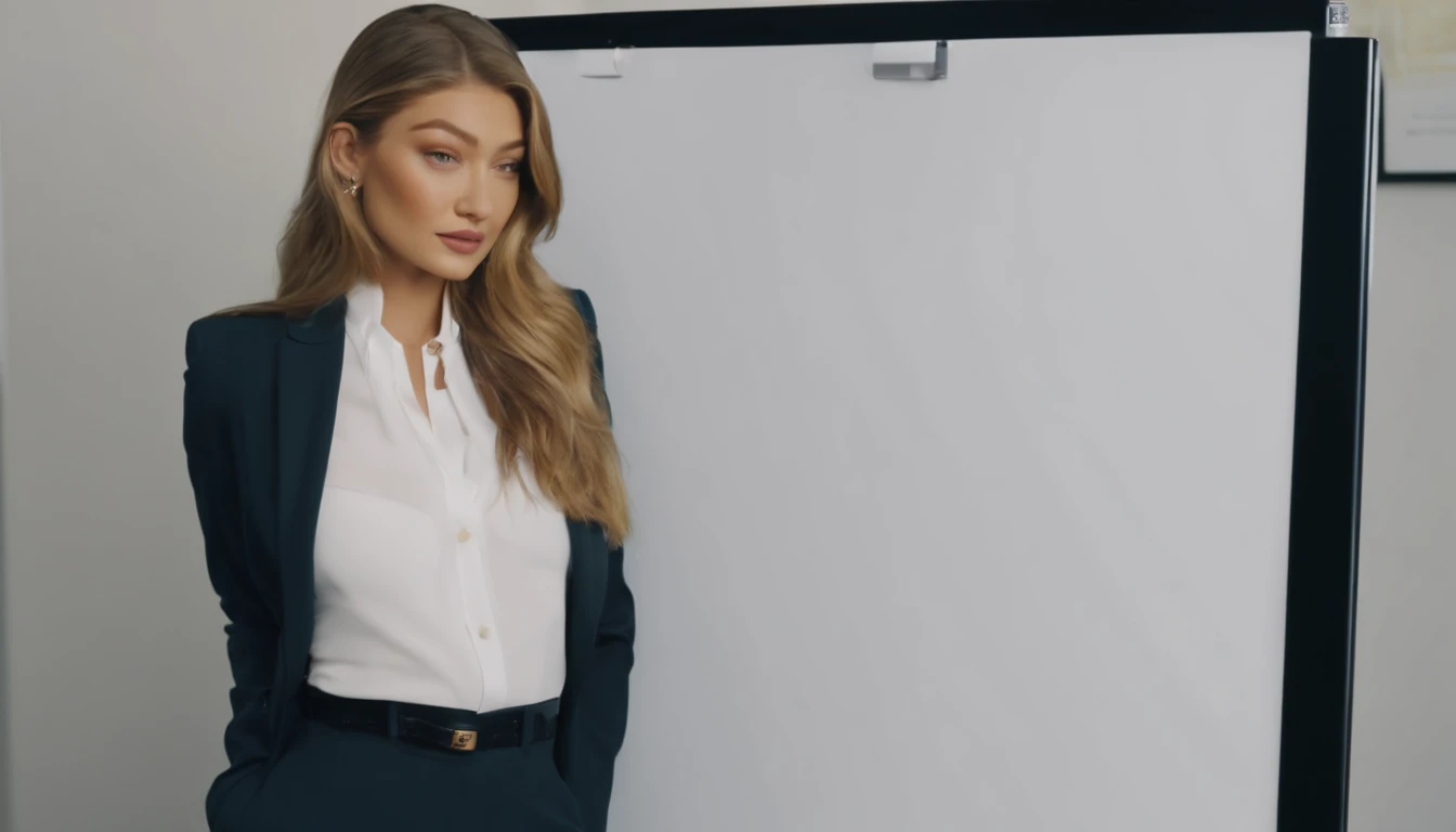 Gigi Hadid  standing next to a whiteboard explaining , cute girl as a youtuber, looking at viewer , dressed like a businesswoman, modern portrait shot 8 k, luts, portrait of Gigi Hadid, Gigi Hadid cute
