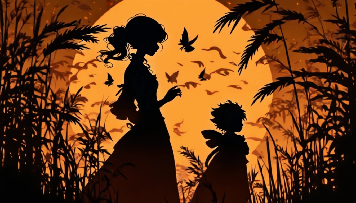 (Silhouette Art,cutouts:1.6)
(((Paper cutting art,A world where only black exists:1.3)

(Cowboy Shot),1 girl,Solo,
(Girl with a fan,profile:1.2),Castle-Behind、harvest moon

break
(Gray miscanthus)
Textured glass background,Tarot card atmosphere