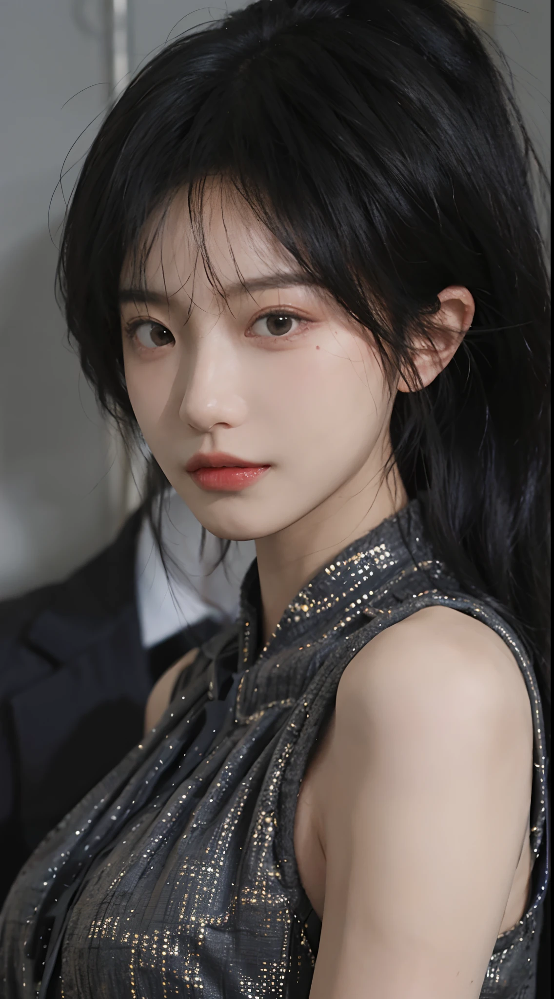 best qualtiy，tmasterpiece，超高分辨率，（realisticlying：1.4），a close up of a woman with long black hair wearing a black dress, Cai Xukun, gorgeous chinese models, Gorgeous young Korean woman, beautiful Korean women, yanjun cheng, Xianxia, full-body xianxia, xintong chen, ruan jia beautiful!, Beautiful young Korean woman, xision wu, Inspired by Huang Ji, gongbi