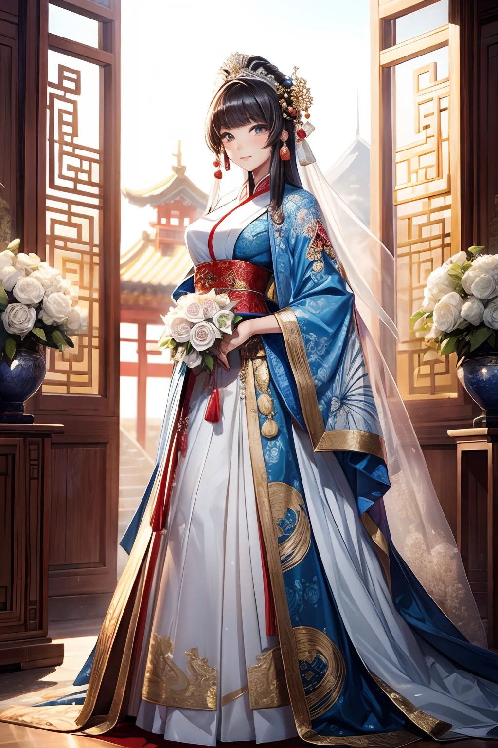 tmasterpiece,best qualtiy,Ancient Chinese princess wedding scene,Ask for gorgeous clothes,Grand scene