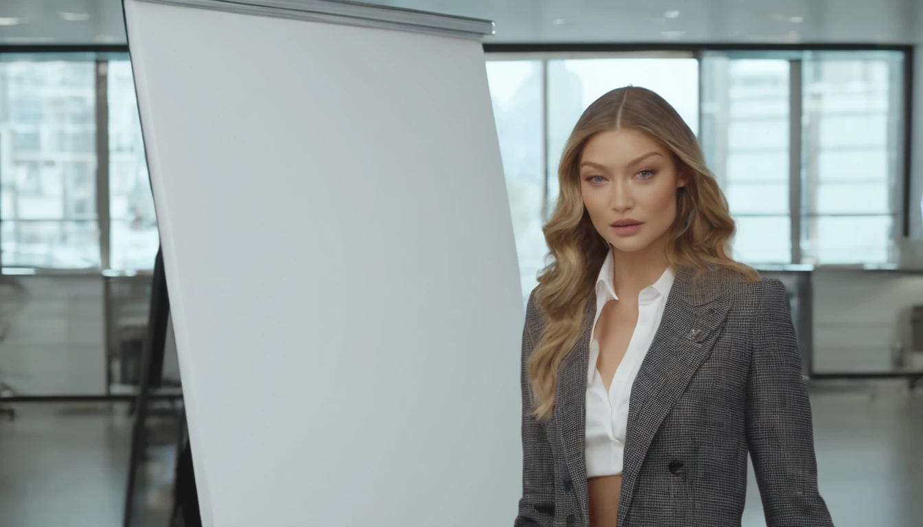 Gigi Hadid standing in front of a white board in a room explaining , cute girl as a youtuber, looking at viewer , dressed like a businesswoman, modern portrait shot 8 k, luts, portrait of Gigi Hadid, Gigi Hadid cute