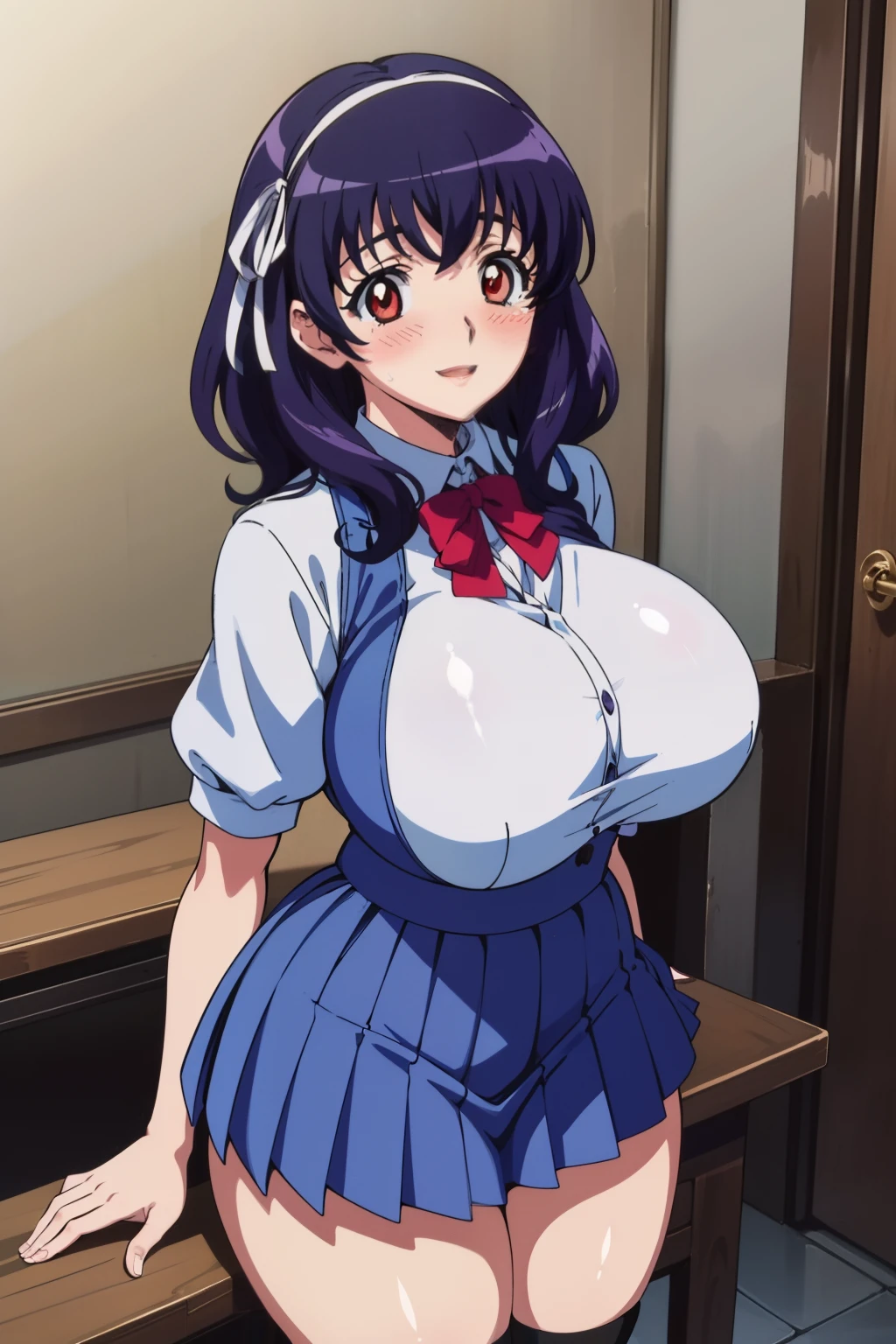 1990s anime cels style, 1990s manga style, best quality, high resolution, 1girl, (huge breasts:1.4), yamanobe tomo, purple hair, red eyes, medium hair, school uniform, blue pleated skirt, class room, (blush:1.2), happy, hairband, Beautiful face