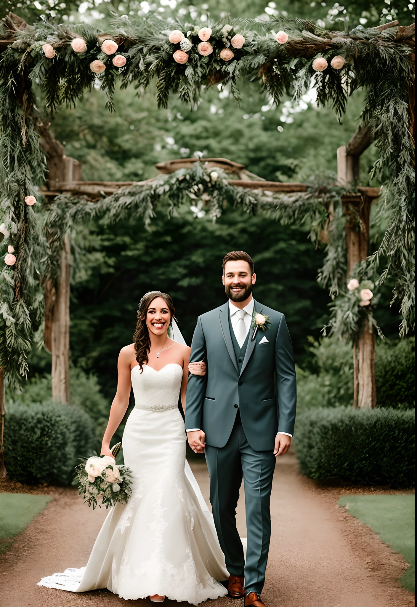 Full body photography of a stunning bride and her handsome husband on their wedding day. The bride stands at 5 feet 4 inches, while the groom towers at 6 feet 4 inches. She is wearing a strapless lace wedding dress, has a full natural bust, natural makeup, and wavy brunette hair. He is dressed in a tailored charcoal suit, showcasing his athletic build and groomed short beard. Both are standing at the altar of a rustic outdoor summer wedding, looking intensely into the camera, with smiles on their faces. The image should capture their symmetrical eyes, symmetrical faces, and exhibit photorealistic qualities, including path tracing, specular lighting, volumetric face light, path-traced hair, visible shadows, and intricate, elaborate, hyper-realistic details