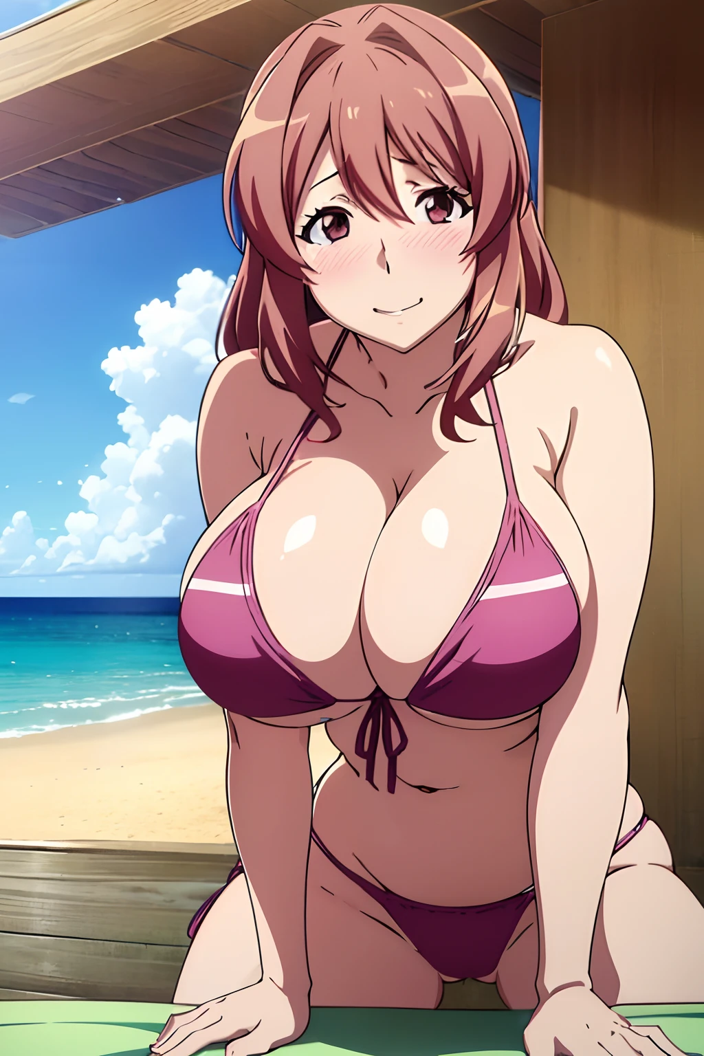 (NSFW:1.2),(Erotic),high-level image quality、masutepiece、4K,8K,Anime Cell Style,Best Quality, High resolution and Koumiharuka,(((huge-breasted:1.3))),(bikini of:1.3),(Beach:1.3)、grin,blush