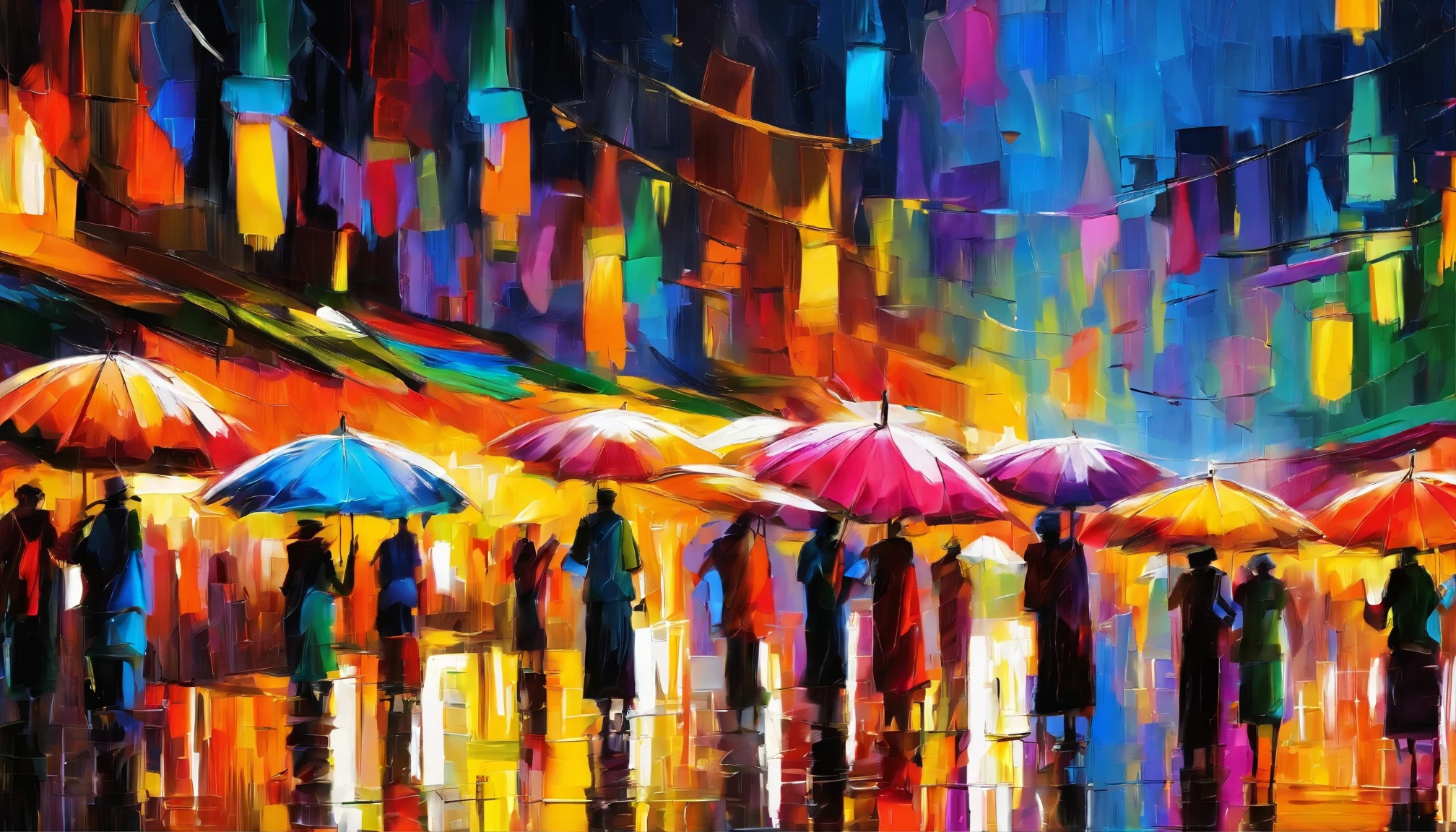 A night market from MYANMAR, RAINING SEASON, color full big umbrellas of night market, people are selling and buying, masterpiece  oil painting, impasto painting.