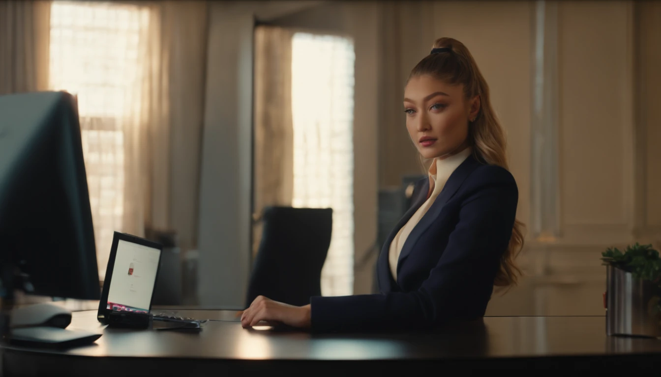 Gigi Hadid standing in front of a computer screen explaining , cute girl as a youtuber, looking at viewer , dressed like a businesswoman, modern portrait shot 8 k, luts, portrait of Gigi Hadid, Gigi Hadid cute