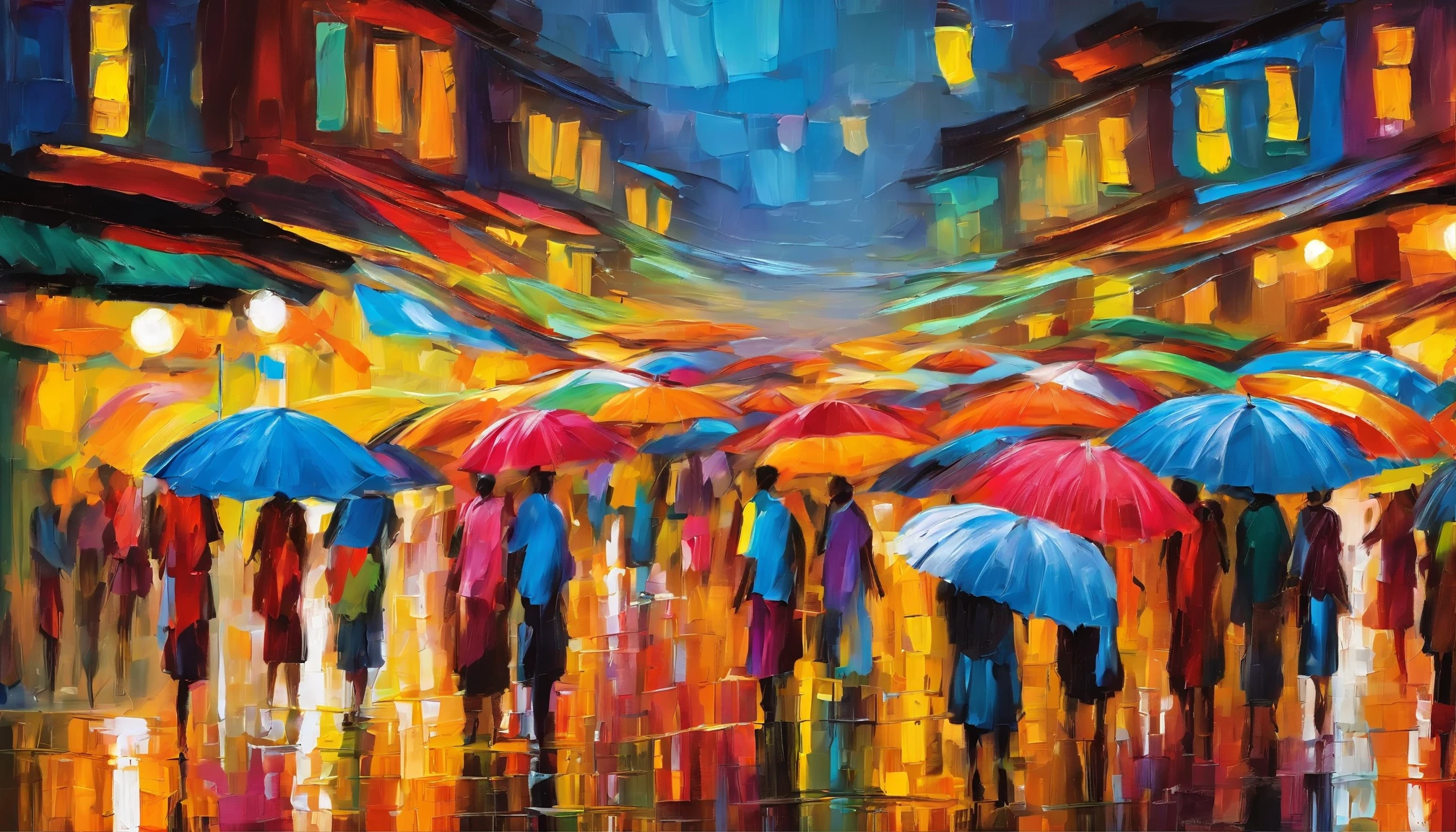 A night market from MYANMAR, RAINING SEASON, color full big umbrellas of night market, people are selling and buying, masterpiece oil painting, impasto painting.