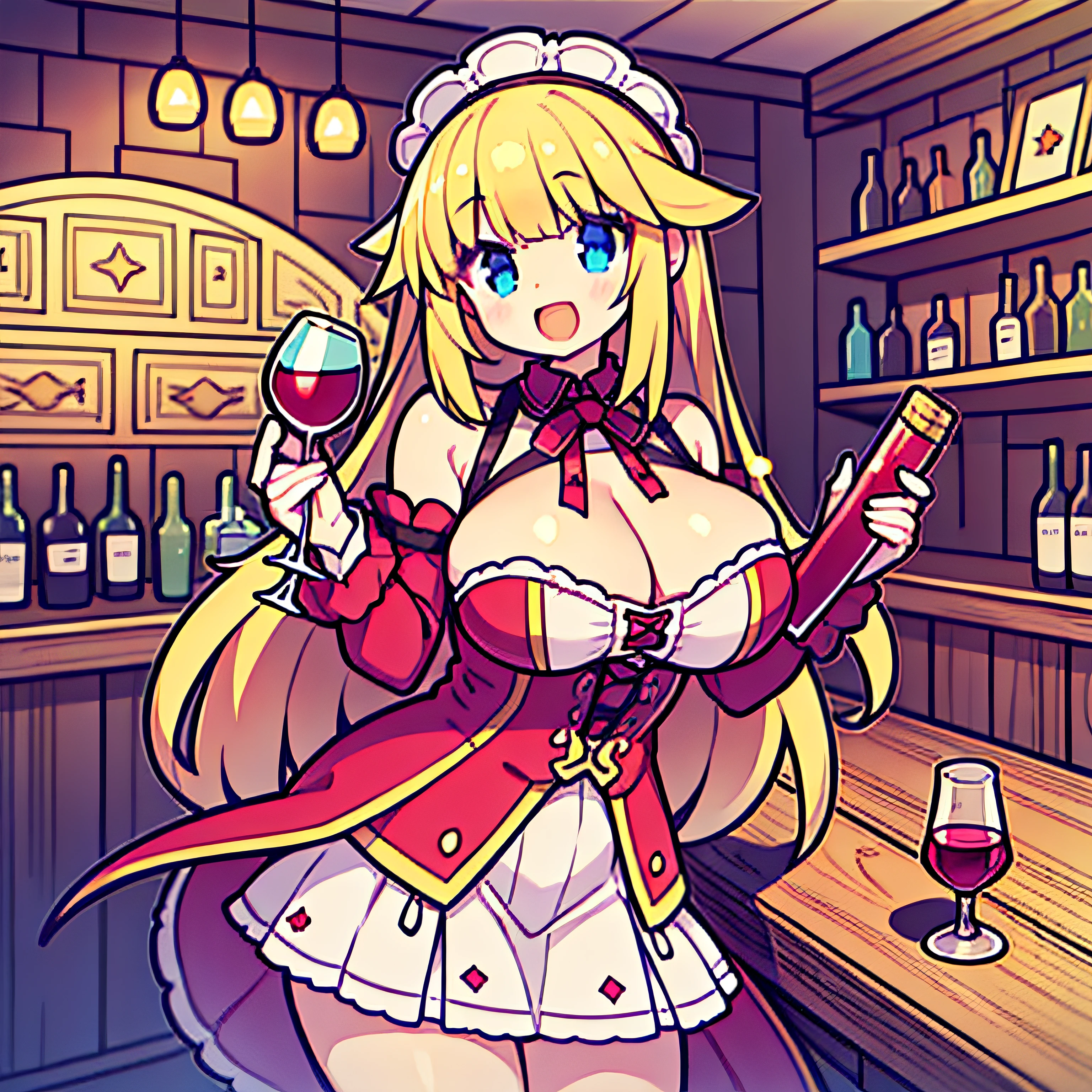 Sweet,Adorable, cheerful big breasts, long whitr hair, Lively, ,1 Head-to-body ratio, holding wine bottle,The background is inside the tavern