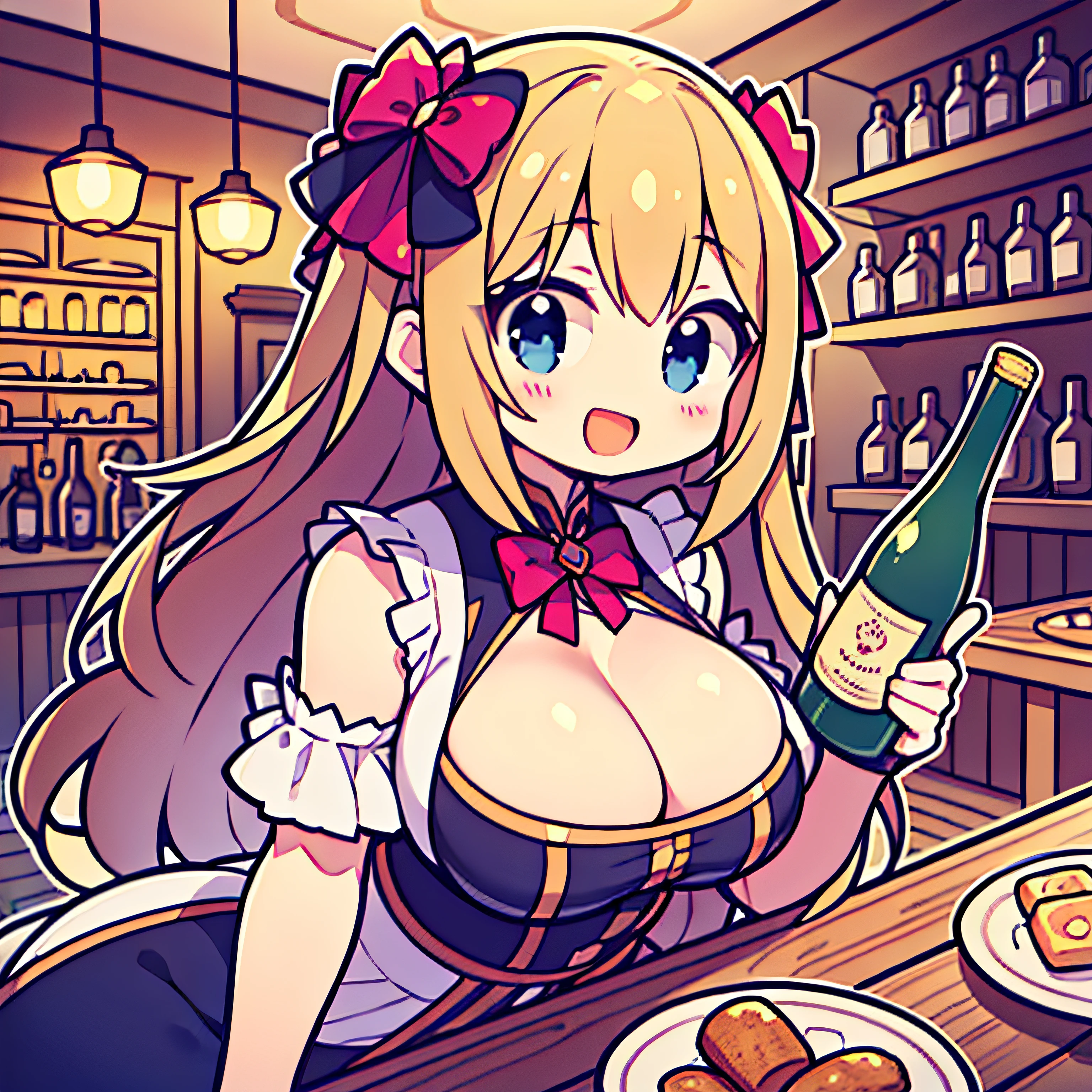 Sweet,Adorable, cheerful big breasts, long whitr hair, Lively, ,1 Head-to-body ratio, holding wine bottle,The background is inside the tavern