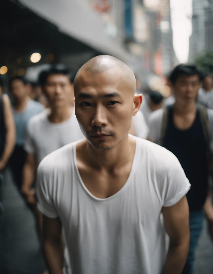 male people、TOKYOcty、wearing white t-shirts、Shaved head