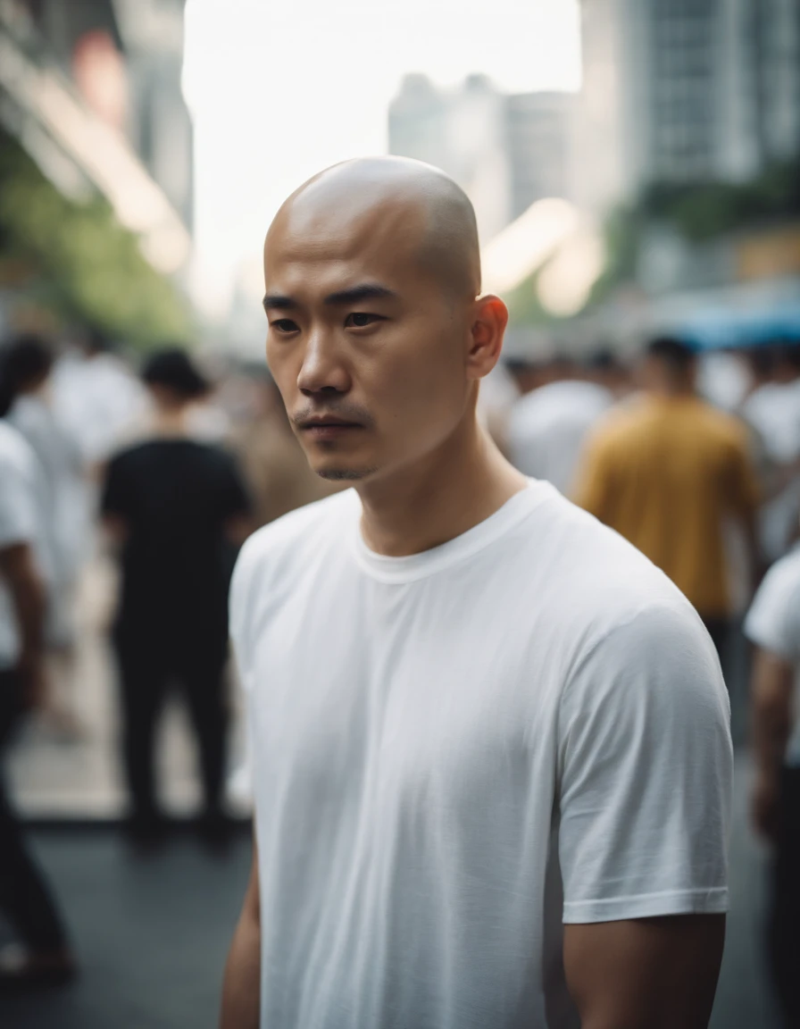 male people、TOKYOcty、wearing white t-shirts、Shaved head