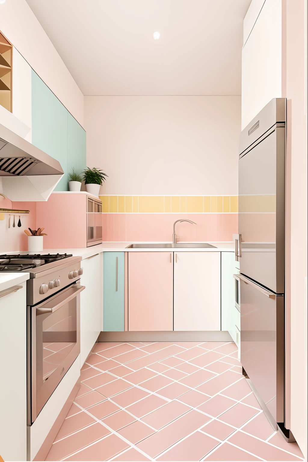 modern kitchen with brushed stainless steel appliances and polished stone floors, bright pastel color scheme, modern theme, 7 0's kitchen, walls with tone of pastel colors, decorated with straight lines, smooth color scheme, small kitchen, cute kitchen, glossy pastel, tiled walls, apartment, bright and pastel color scheme, modern, exclusive and bright scheme, modern age taste, expensive