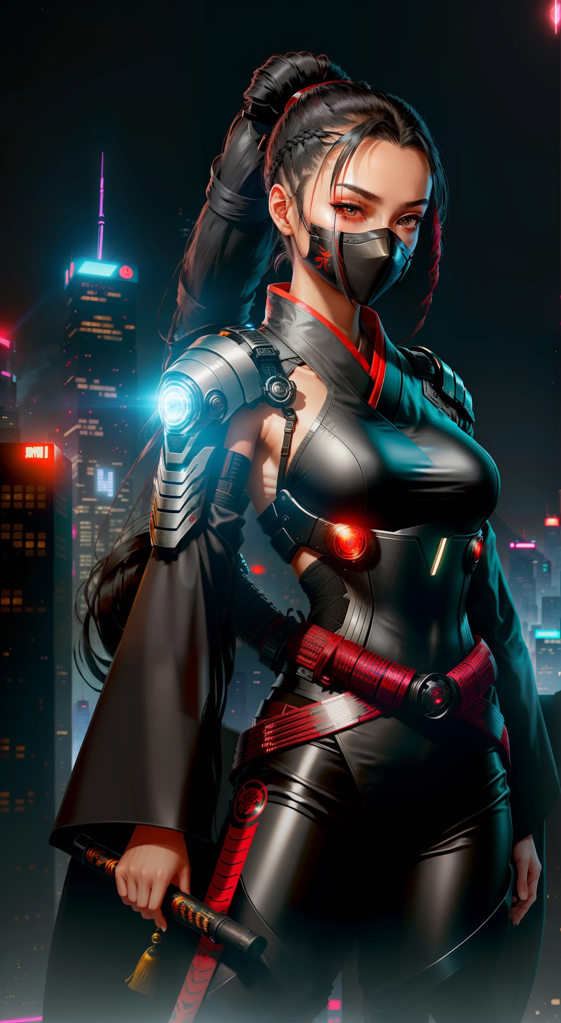 A female ninja in traditional clothing, but also futuristic like a time traveler. She has long black hair tied in a ponytail, and wears a black kimono with red accents. Her face is covered by a black ninja mask, but her eyes are visible and they are bright and intelligent. She has a futuristic katana sword strapped to her back, and her arms and legs are covered in cybernetic implants. She stands in a dynamic pose, ready to strike.
The background is a futuristic city at night. Neon lights and towering skyscrapers fill the distance. The ninja is perched on a rooftop, looking down over the city. She is the guardian of this future, and she is ready to protect it from any threat.
