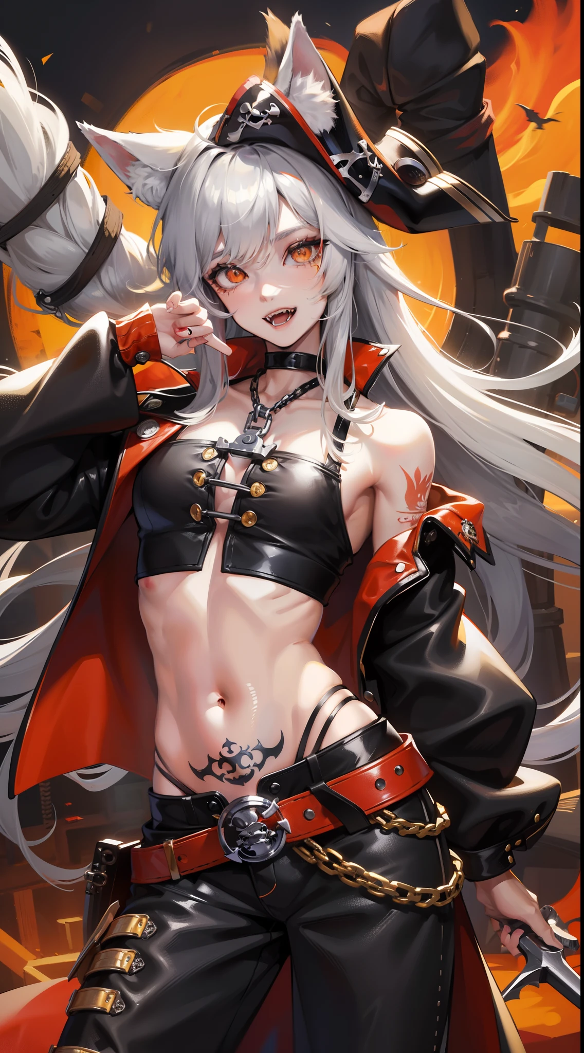 Young man, Long silver hair, Orange Eyes, wolf ears, wolf tail, ssmile, fangs, open torso, Tatoo, Pirate Hat, pirate pants, anchor, 4k, HD, Good detail