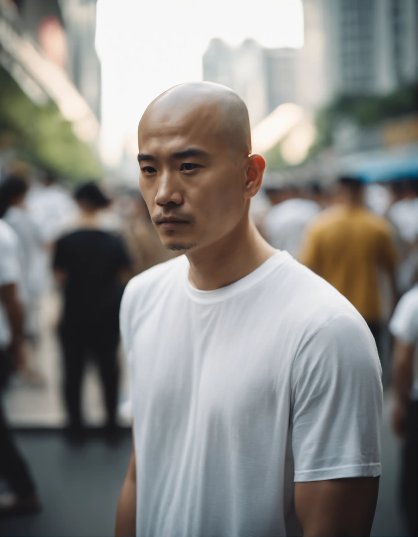 male people、TOKYOcty、wearing white t-shirts、Shaved head