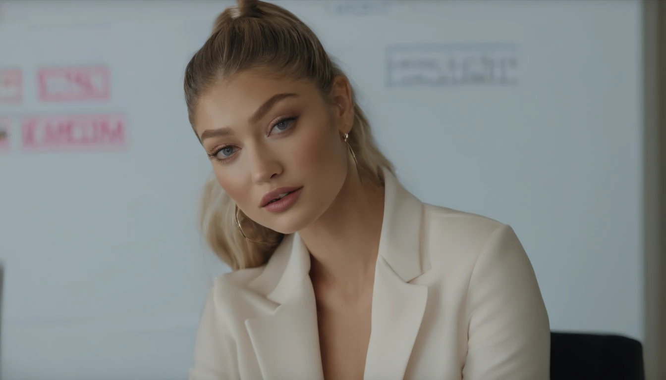Gigi Hadid sitting in front of a white board in a room explaining , cute girl as a youtuber, looking at viewer , dressed sexy lingerie , modern portrait shot 8 k, luts, portrait of Gigi Hadid, Gigi Hadid cute