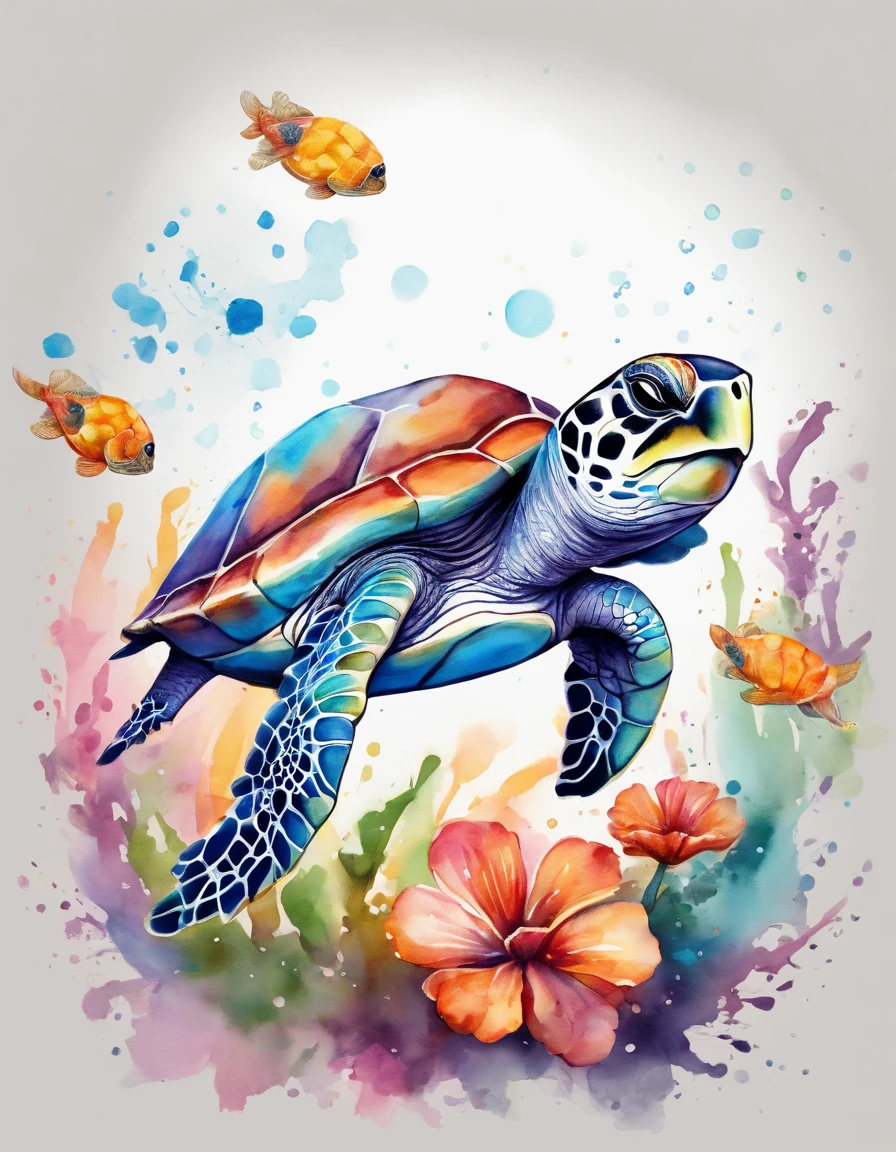 chibi sea turtle, air bubble, flowers, vivid color, color splash, cute, illustrator, digital art, image for t-shirt design