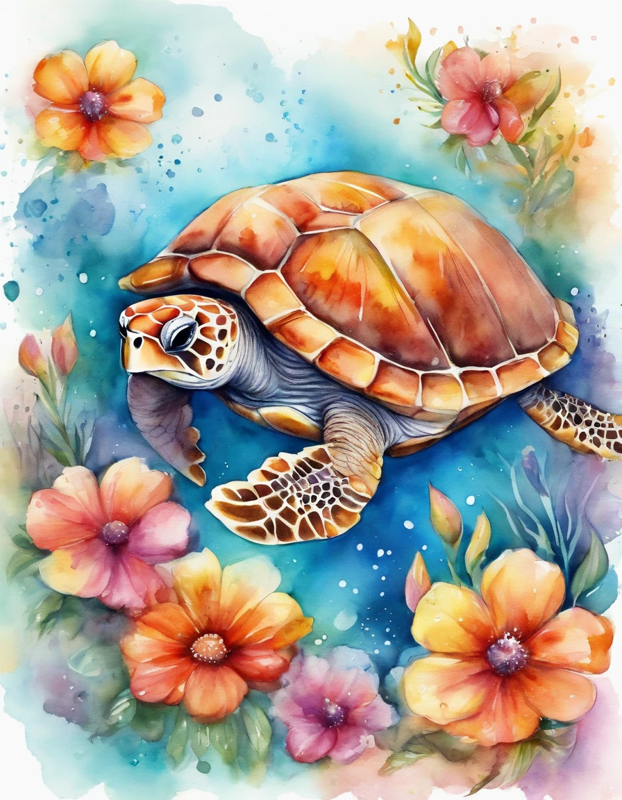 chibi sea turtle, air bubble, flowers, vivid color, color splash, cute, illustrator, digital art, image for t-shirt design