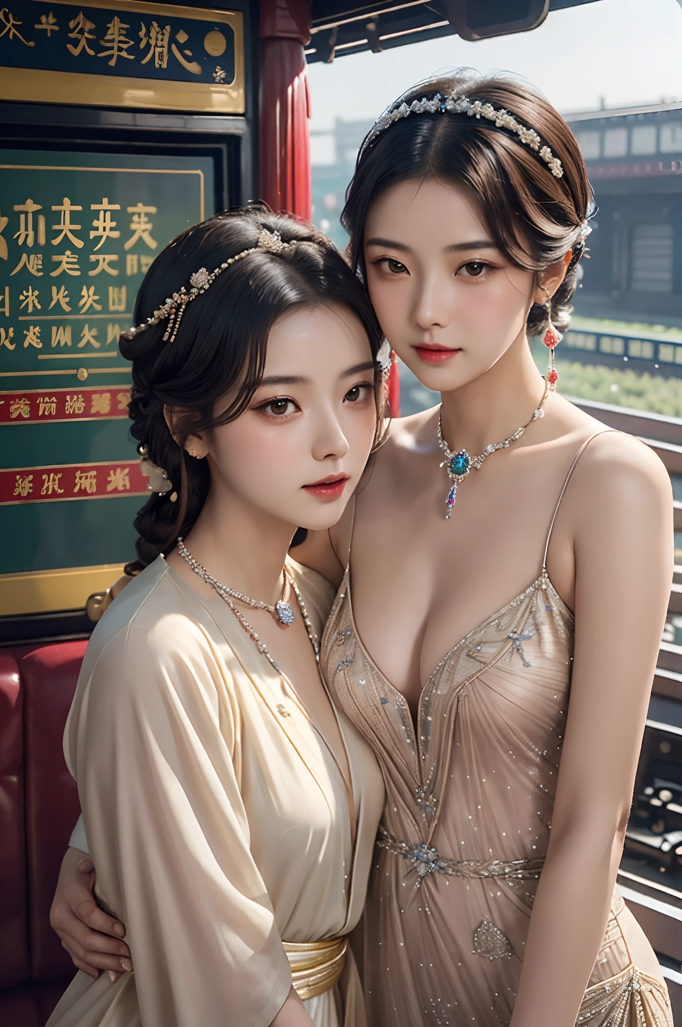 Two beautiful girls,leering:1.4, Lovers, Lesbians,(At the railway station in Shanghai in the 1920s,Vintage train background:1.6),(Taoist hairstyle,Giant hair stick:1.6,Oylan hair accessories,armlets, bangle:1.3),Dodge kisses,bauhause, bulgari, official valentino editorial,half-open lips, Suck your lips firmly, Drooling, elegant, Brilliant, Beautiful, Blush (0.2), Gorgeous, Beautiful, Gorgeous, gentle, Starry sky, Milky Way, Summer triangle, Tanabata and bamboo ornaments, Precise drawings, a detailed drawing,