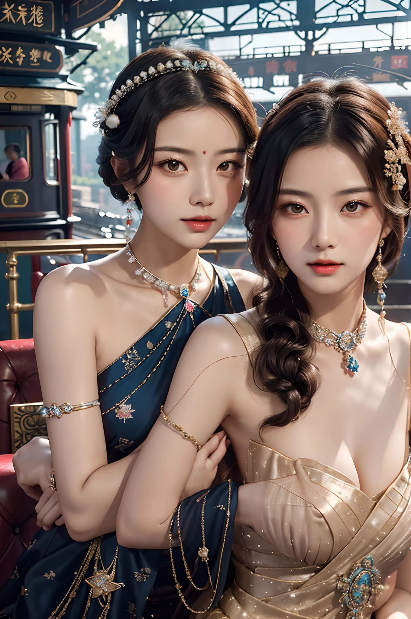 in ancient,Two beauties entangled with each other,Dressed in gorgeous and intricate costumes,Dazzling。They were dressed in delicate satin robes,It is embroidered with a delicate pattern with gold thread,Blooming with bright colors。One of the beauties was dressed in a red robe,It's like a burning flame,It shows her delicate and moving。Another beauty wore a lake-blue robe,Like clear water waves in the sky,Show her freshness and softness。They wear ornate gold-encrusted gemstone necklaces around their slender necks,Gemstones sparkle with colorful sparkle,It reflects their noble temperament。Beauty hair is draped over her shoulders,Delicate hair is as soft as silk,Shining with a faint light。They braided their hair into a delicate bun,It is dotted with jade hairpins、Golden comb and flowers,It adds a bit of charm to them。The faces of the beauties are fair and delicate,Just like white jade。Their foreheads are dotted with a pair of eyebrows that shine like night stars,Gently provoke,It's like peach blossom eyes,Fascinating。Their eyes were bright and deep,It's like a clear spring,Indulge at a glance。Their lips are rosy and full,Slightly upturned,Like a cherry in bloom,Inspiring imagination。heavy makeups,The lips are red and the teeth are white。Their cheeks are smeared with pear pollen,A slight smil,Bloom into a charming smile。The eye sockets are dotted with colorful jewels,Make their eyes more confused and charming。They pair pearls with openwork gold earrings,It adds a bit of gentleness to myself。
