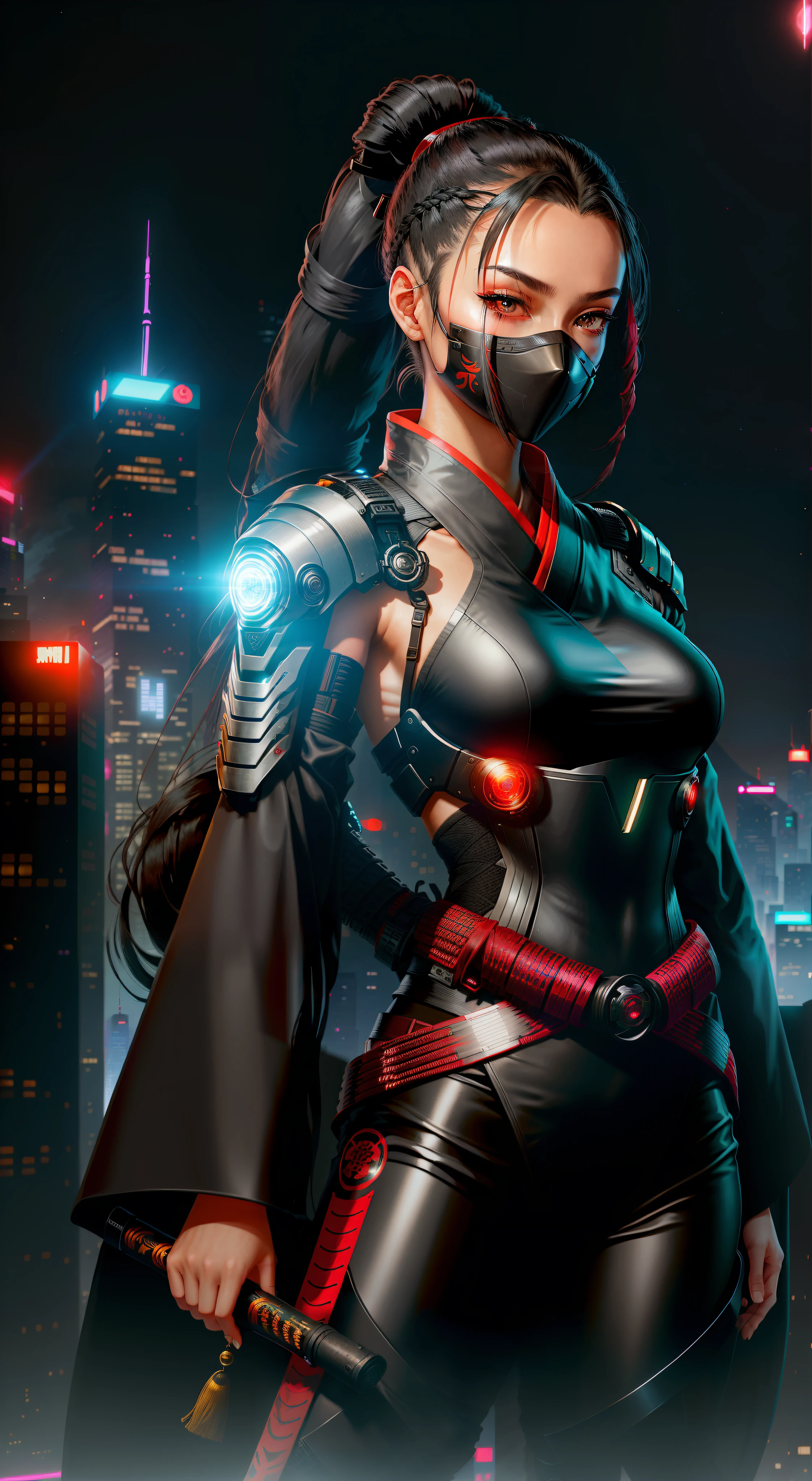 A female ninja in traditional clothing,  but also futuristic like a time traveler. She has long black hair tied in a ponytail,  and wears a black kimono with red accents. Her face is covered by a black ninja mask,  but her eyes are visible and they are bright and intelligent. She has a futuristic katana sword strapped to her back,  and her arms and legs are covered in cybernetic implants. She stands in a dynamic pose,  ready to strike.

The background is a futuristic city at night. Neon lights and towering skyscrapers fill the distance. The ninja is perched on a rooftop,  looking down over the city. She is the guardian of this future,  and she is ready to protect it from any threat.