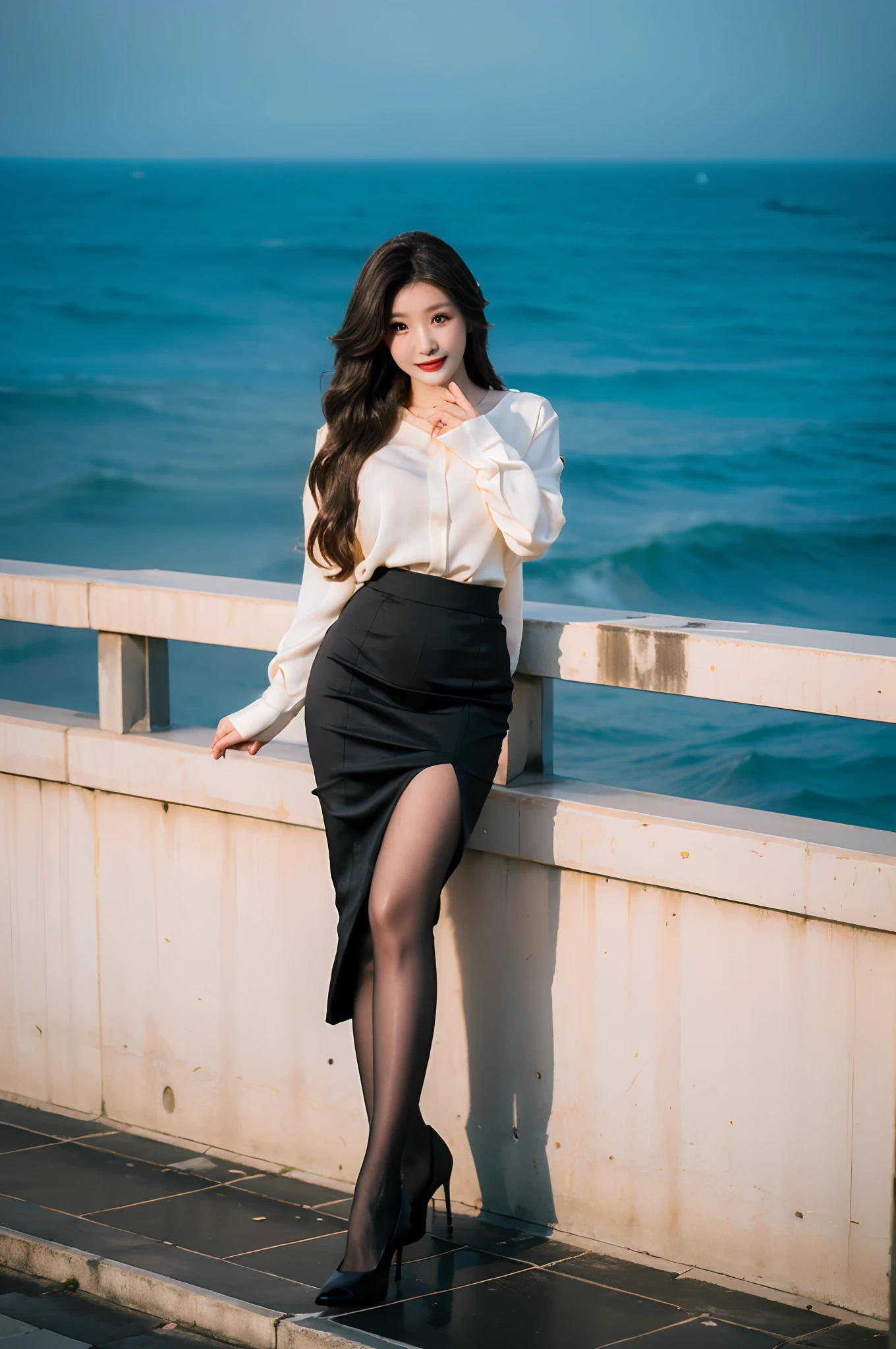 Best quality,Masterpiece,超高分辨率,(Realisticity:1.4),Original photo,Cinematic lighting,
1girll,Smile,Ocean,Pantyhose，Stiletto heels，Leather skirt，huge tit，largeeyes，standing on your feet，Have by the sea，Tight silk long sleeves